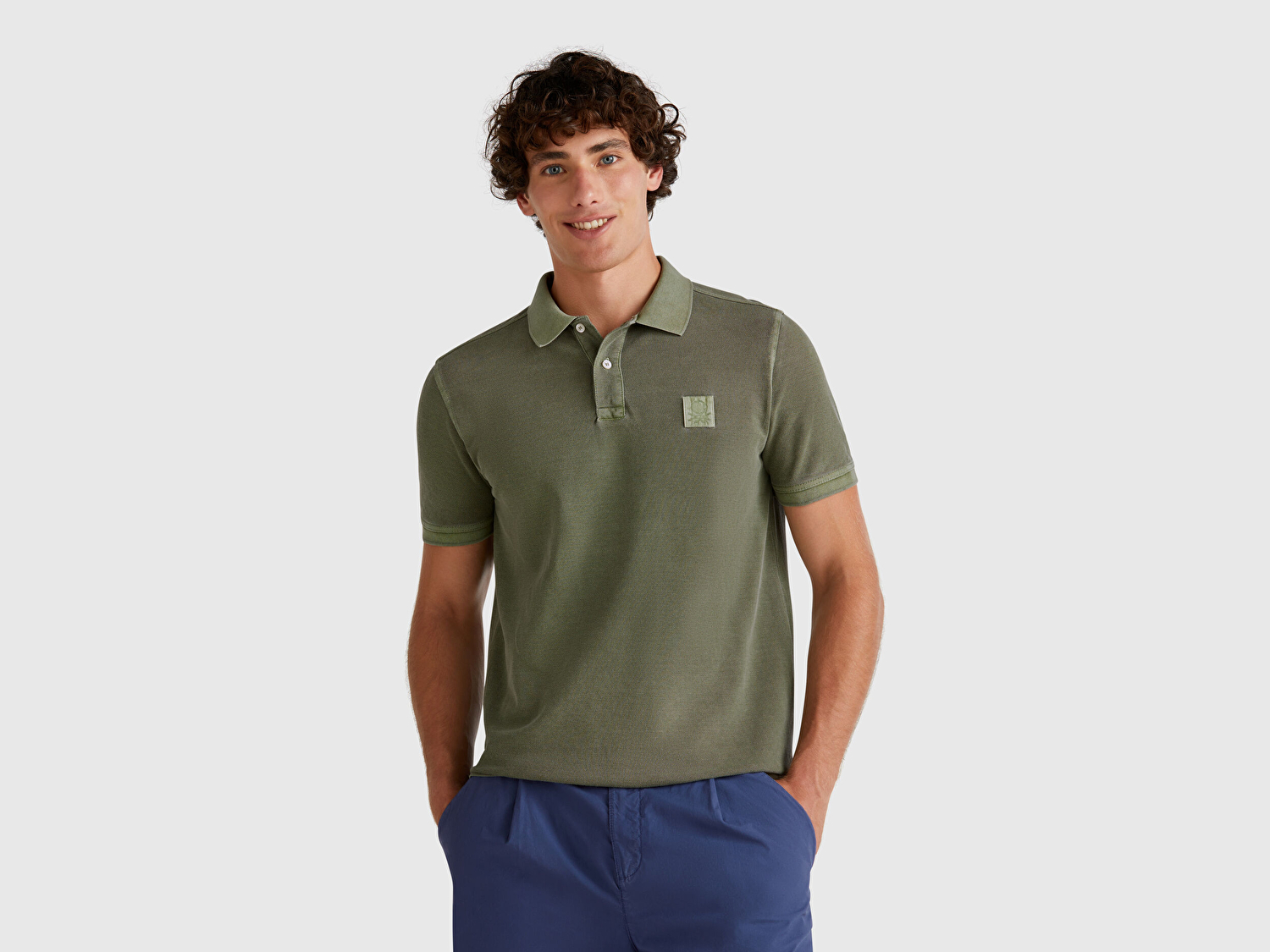 Benetton Erkek Haki %100 Organik Koton Regular Fit Polo T-Shirt