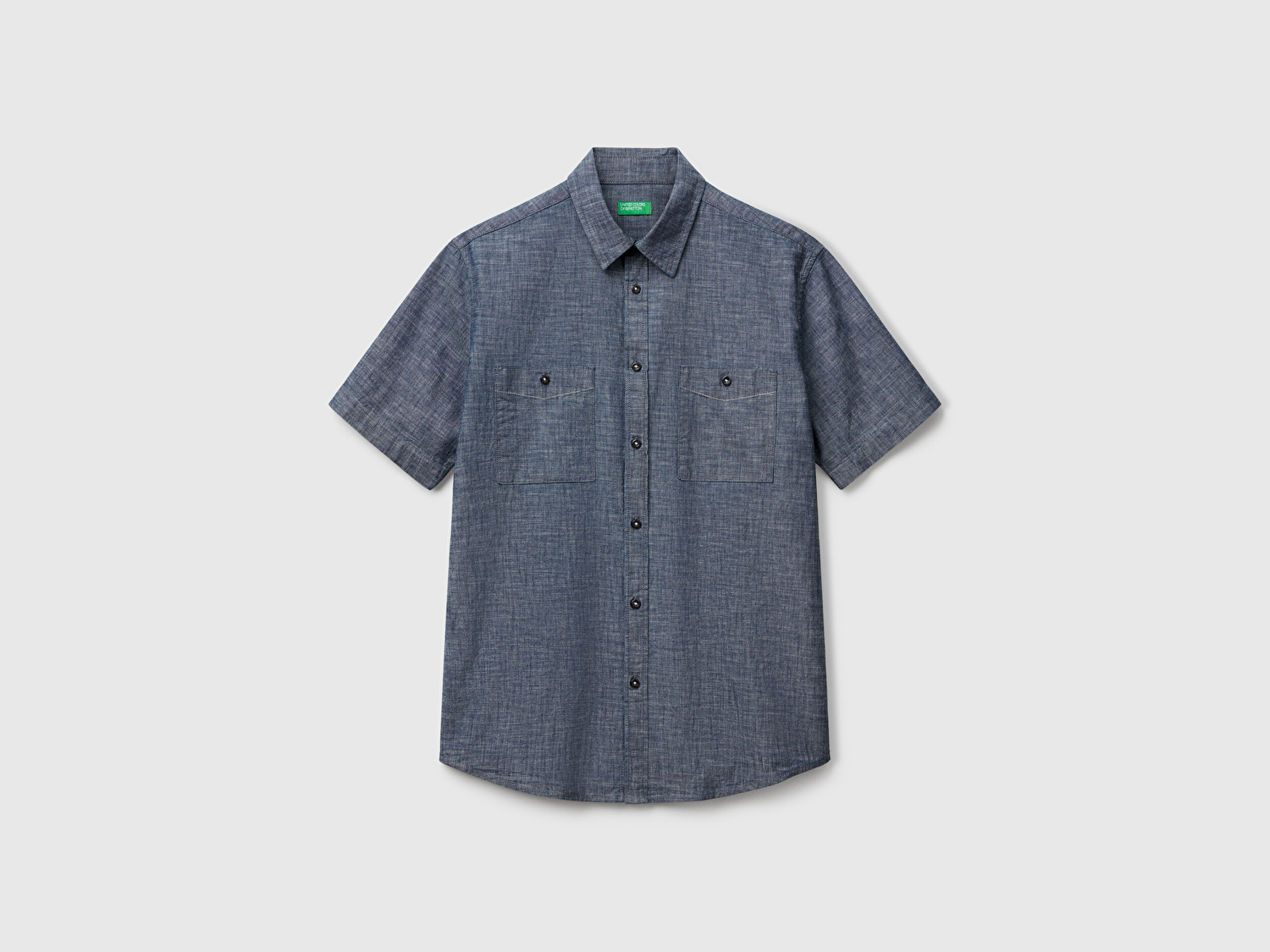 Benetton Erkek Mavi %100 Koton Kısa Kollu Regular Fit Şamre Gömlek