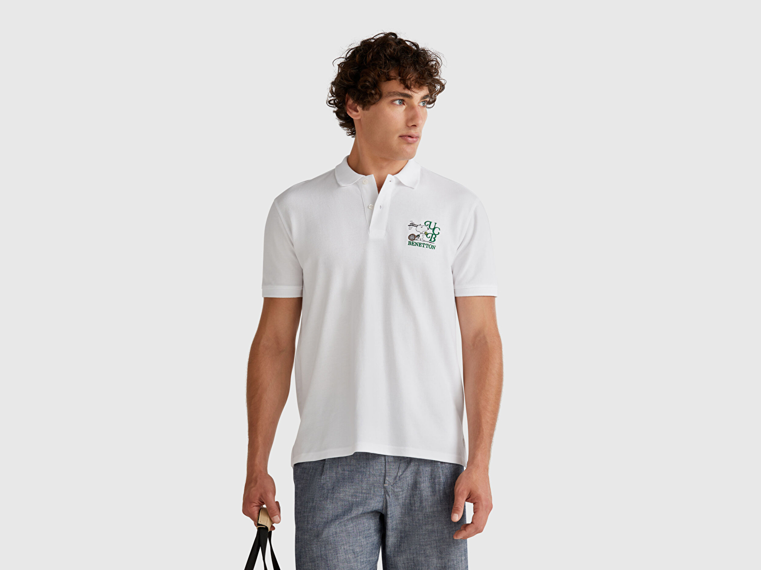 Benetton Erkek Beyaz %100 Koton Peanuts Baskılı Polo T-Shirt