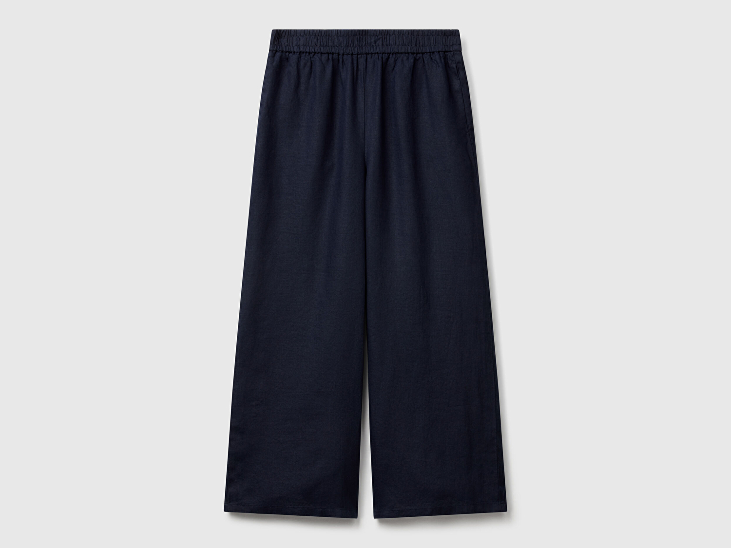 Benetton Kadın Lacivert %100 Keten Beli Lastikli Bol Kısa Paça Pantolon