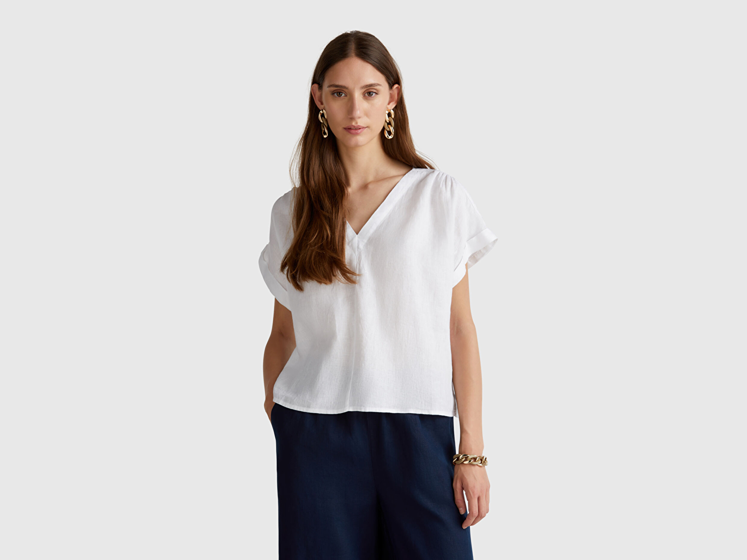 Benetton Kadın Beyaz %100 Keten Kimono Kol V Yaka Bluz