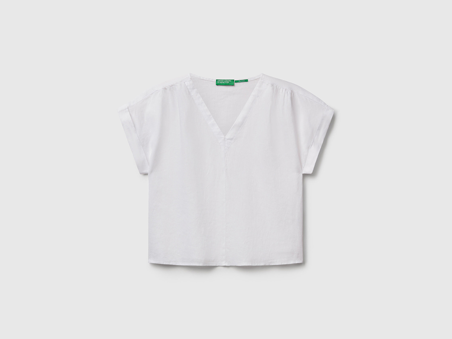 Benetton Kadın Beyaz %100 Keten Kimono Kol V Yaka Bluz