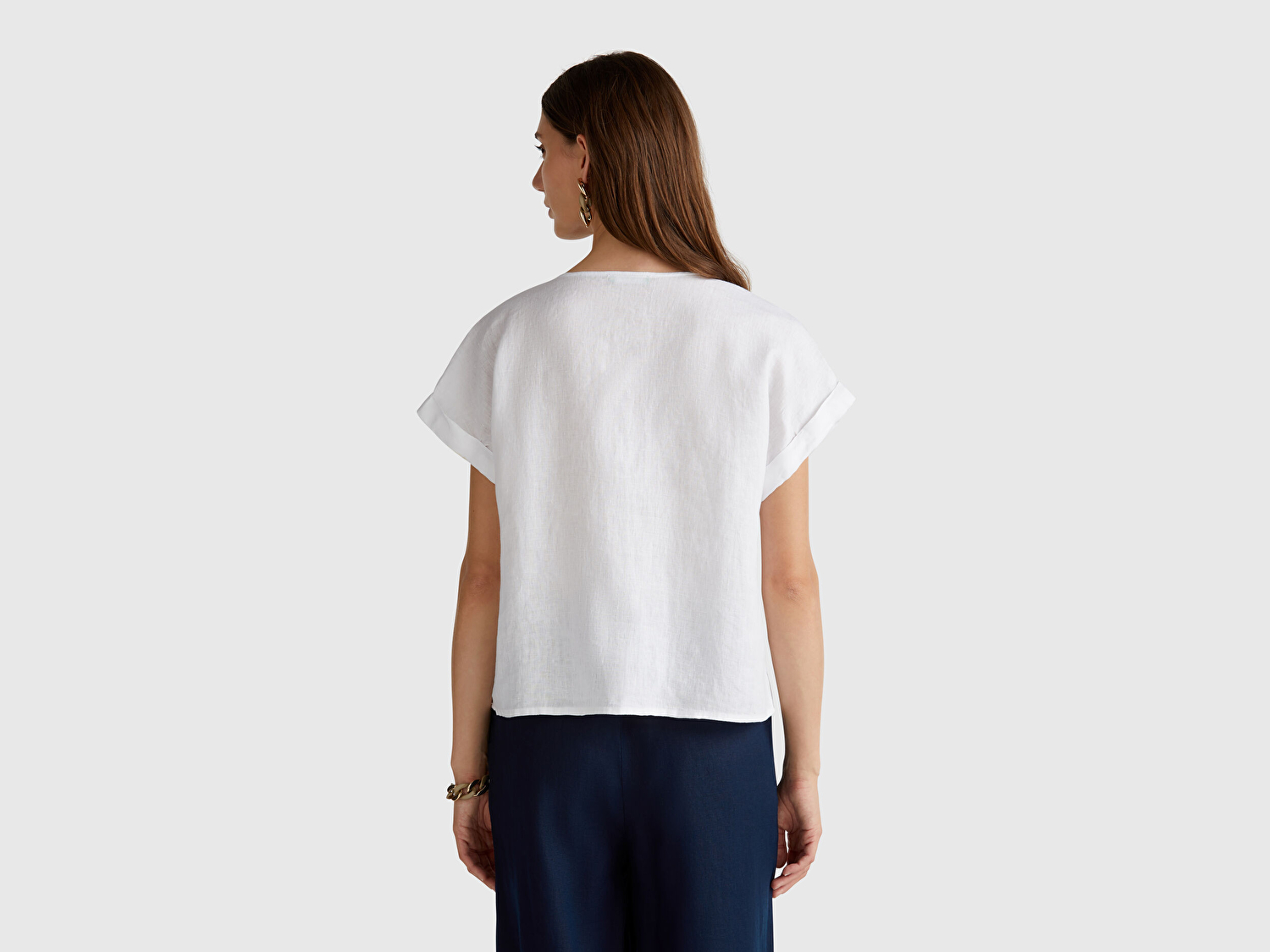 Benetton Kadın Beyaz %100 Keten Kimono Kol V Yaka Bluz
