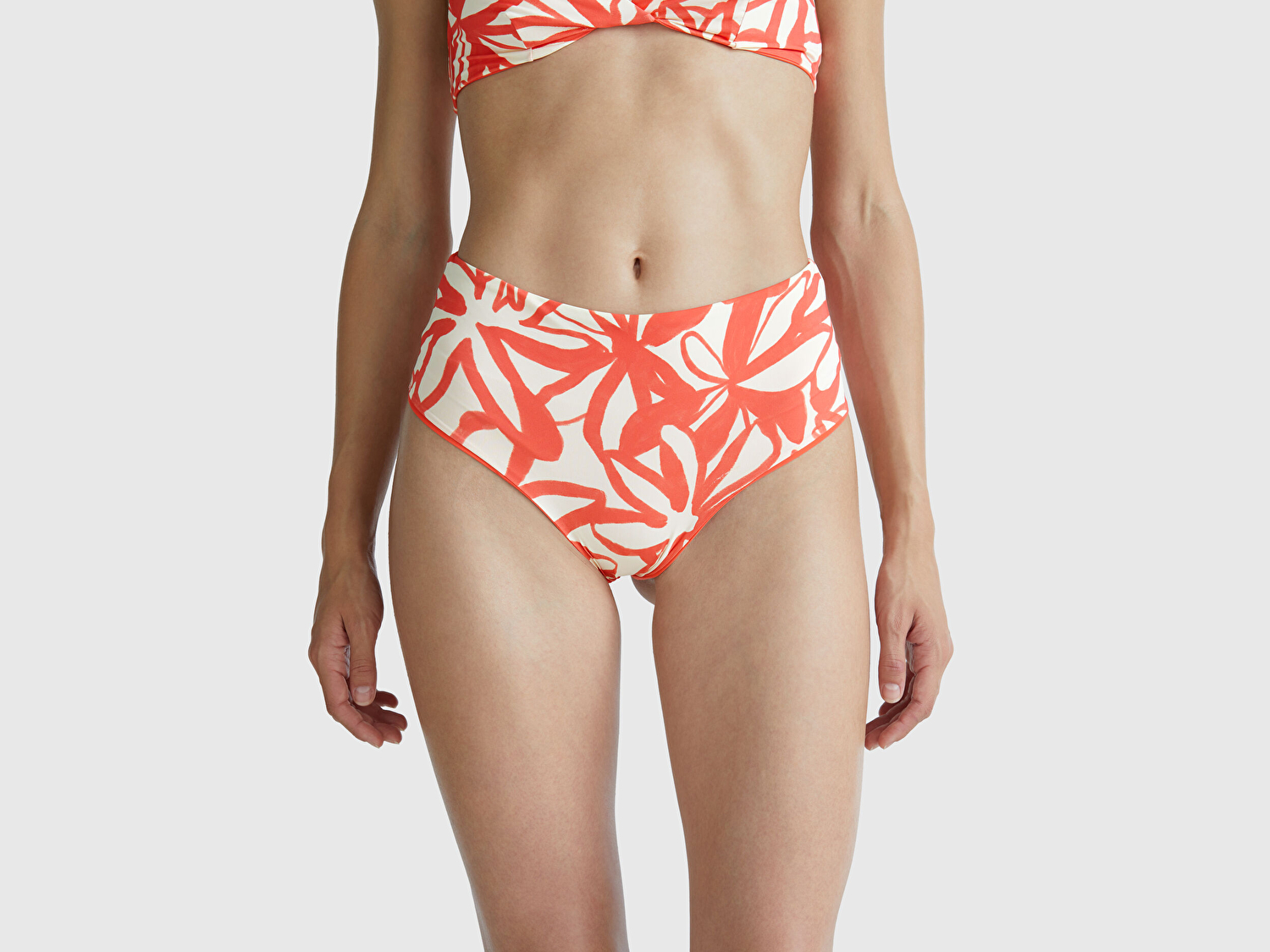 Benetton Kadın Turuncu Mercan Desenli Çift Taraflı Yüksek Bel Bikini Altı