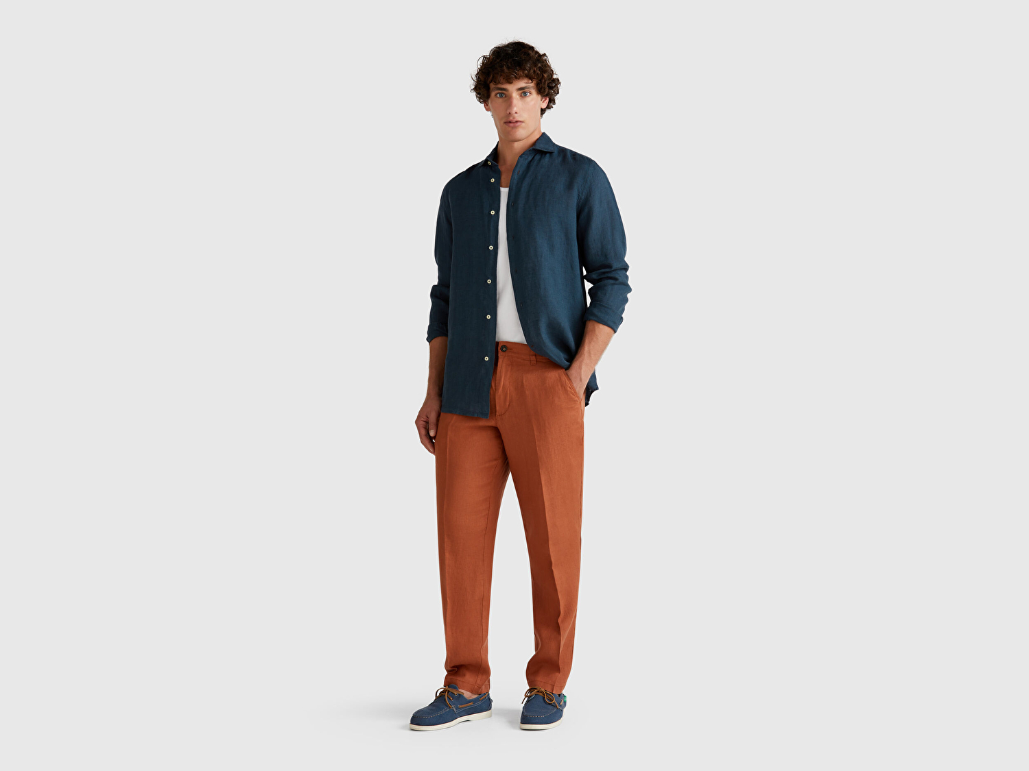 Benetton Erkek Koyu Kahverengi %100 Keten Pantolon