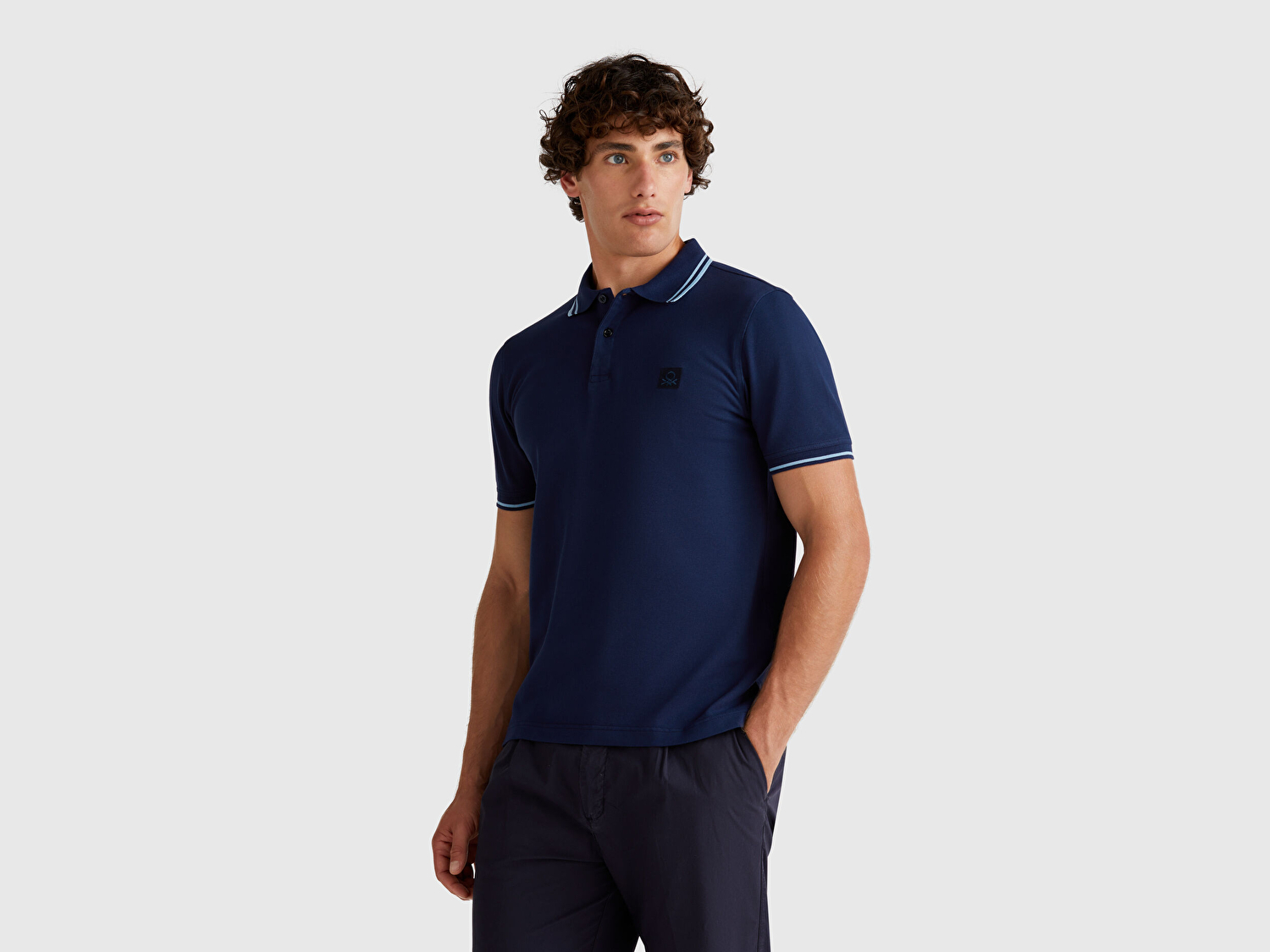 Benetton Erkek Lacivert Kol ve Yakası Çizgili Polo T-Shirt
