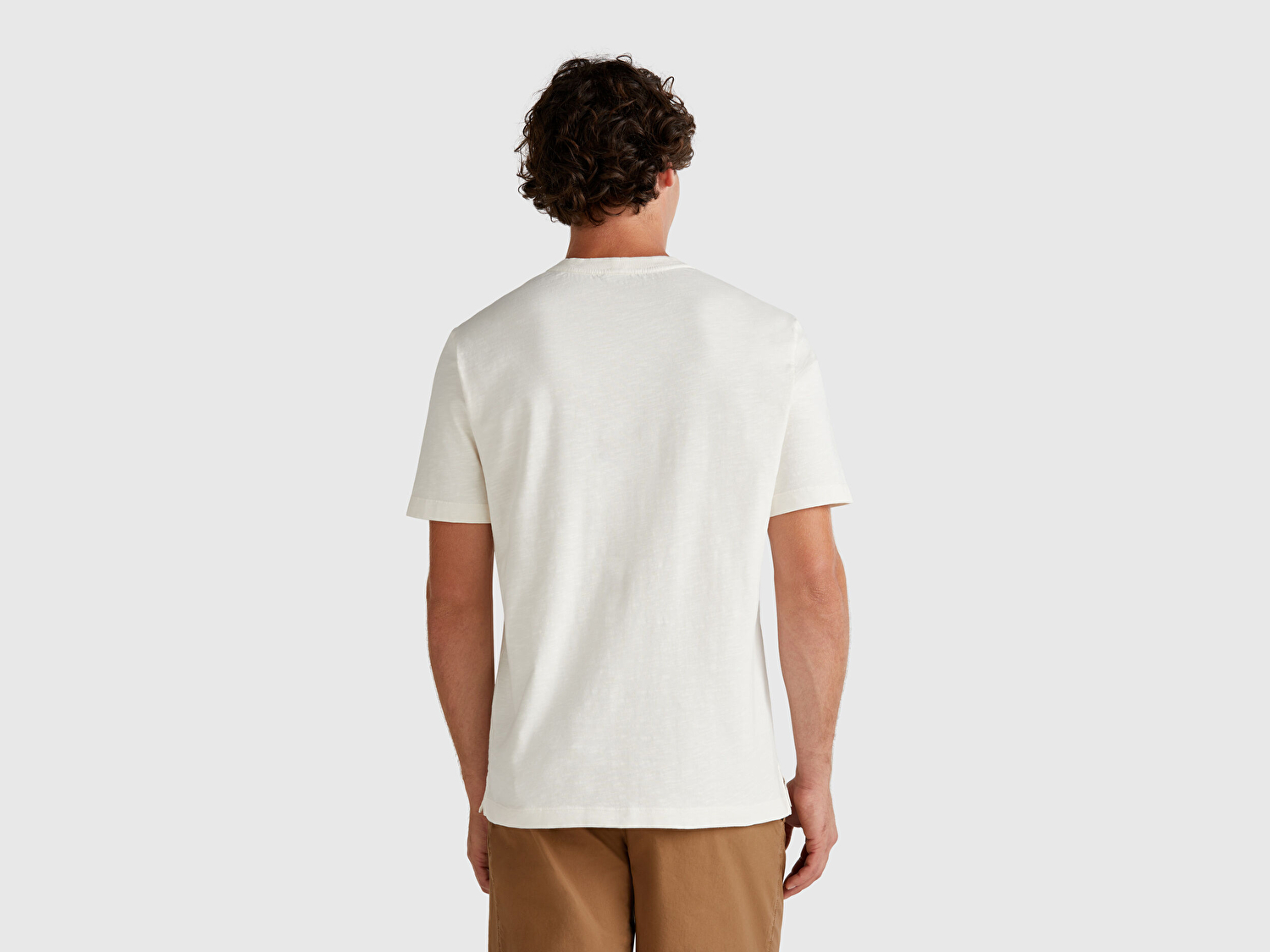 Benetton Erkek Taş Rengi %100 Koton Bisiklet Yaka Slub T-Shirt