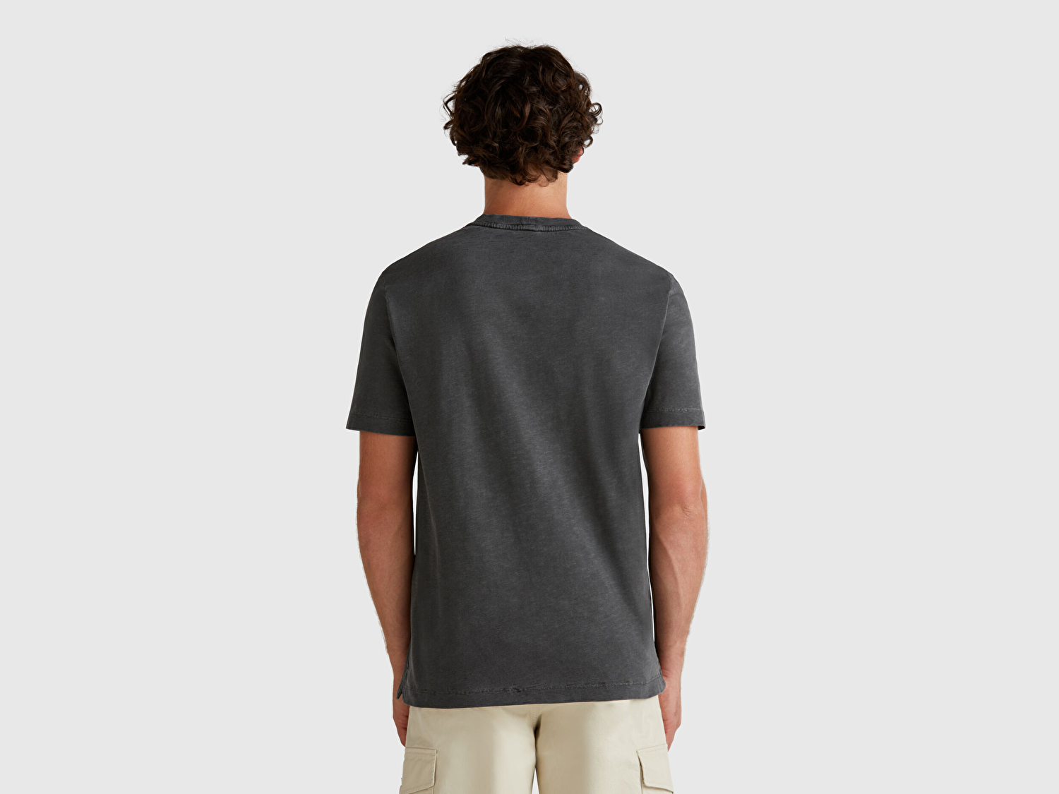 Benetton Erkek Siyah %100 Koton Bisiklet Yaka Slub T-Shirt