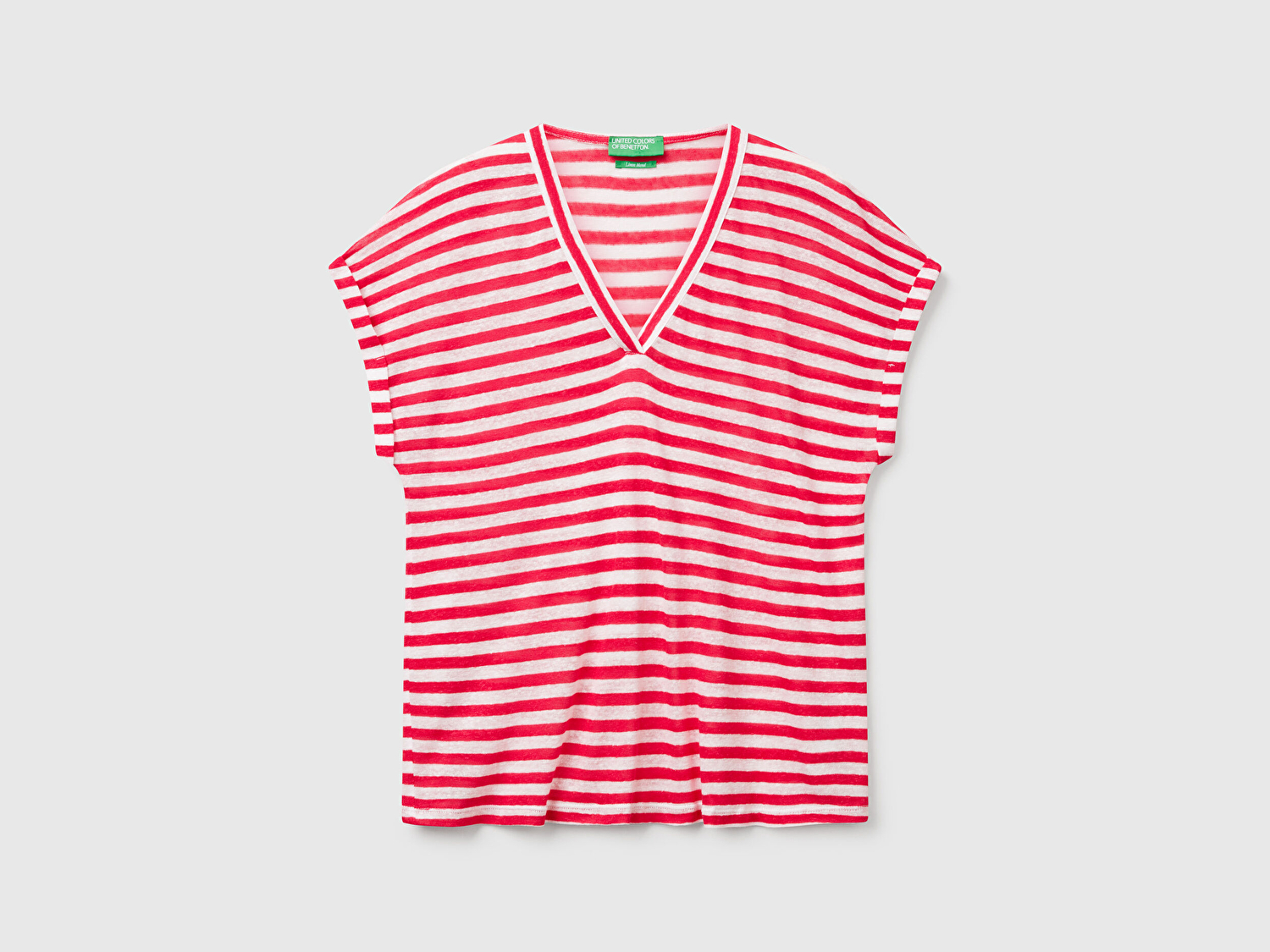 Benetton Kadın Fuşya Mix Keten Karışımlı Rahat Kalıp Çizgili V Yaka T-Shirt