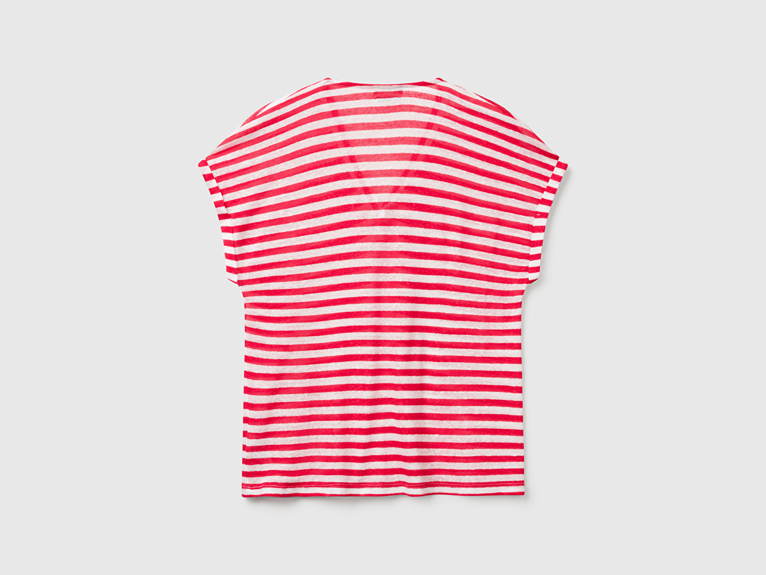 Benetton Kadın Fuşya Mix Keten Karışımlı Rahat Kalıp Çizgili V Yaka T-Shirt