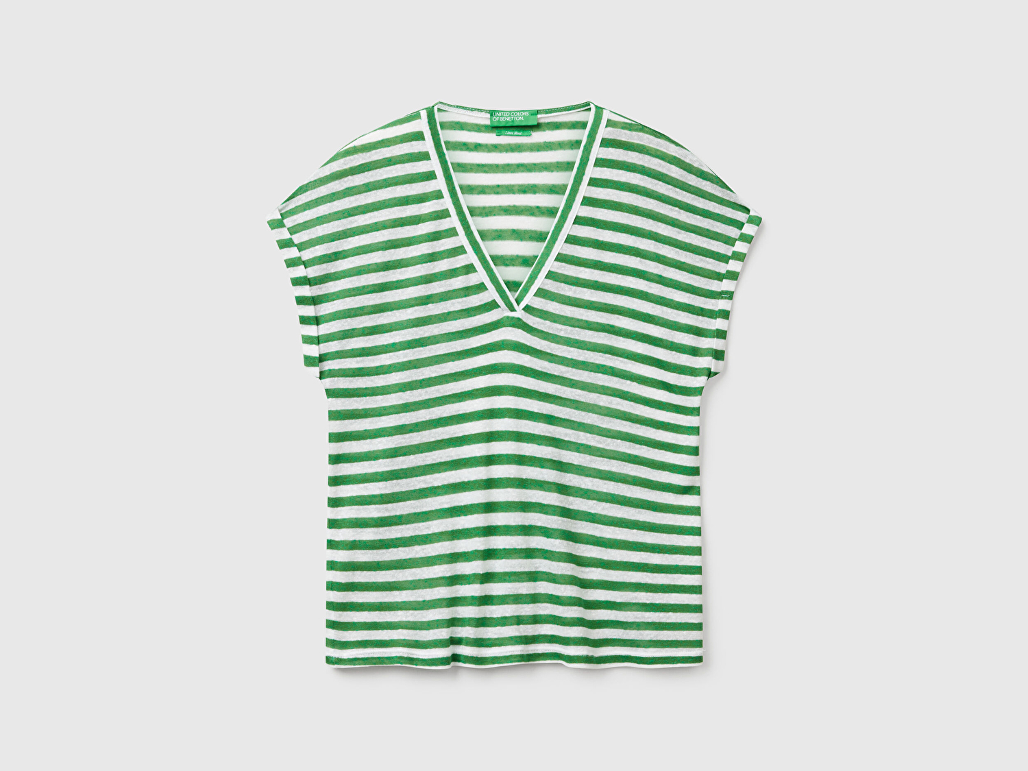 Benetton Kadın Yeşil Mix Keten Karışımlı Rahat Kalıp Çizgili V Yaka T-Shirt