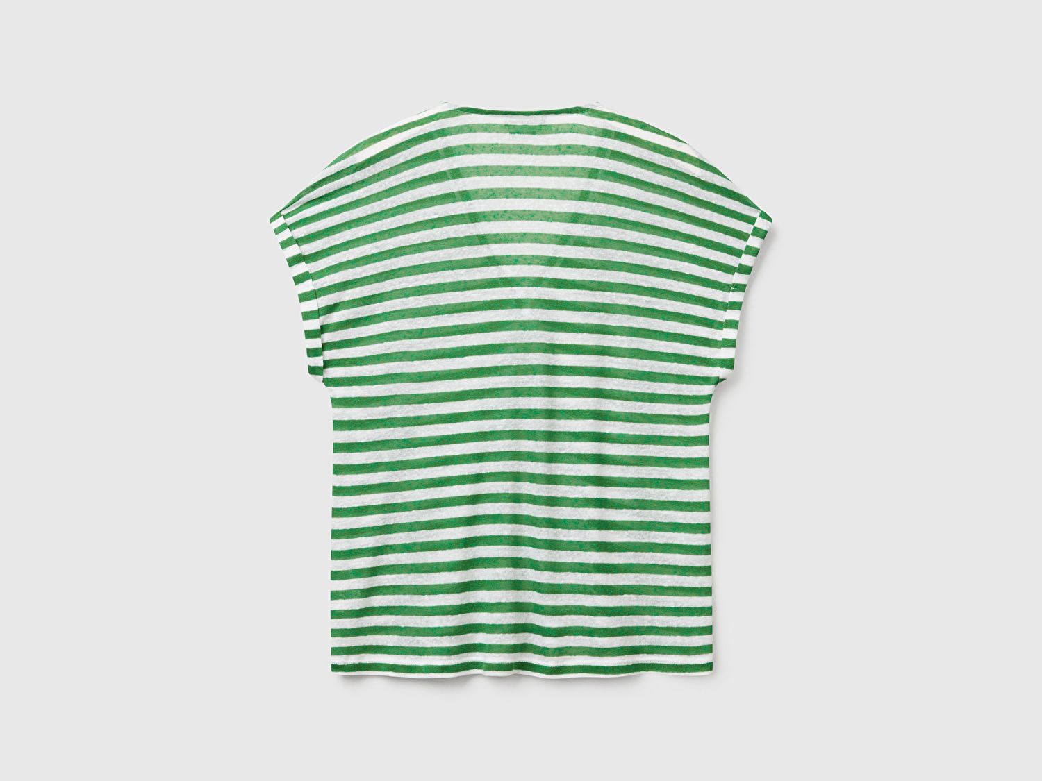 Benetton Kadın Yeşil Mix Keten Karışımlı Rahat Kalıp Çizgili V Yaka T-Shirt