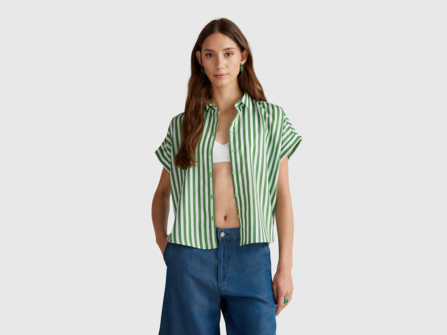 Benetton Kadın Yeşil Keten Karışımlı Çizgili Kimono Kol Gömlek