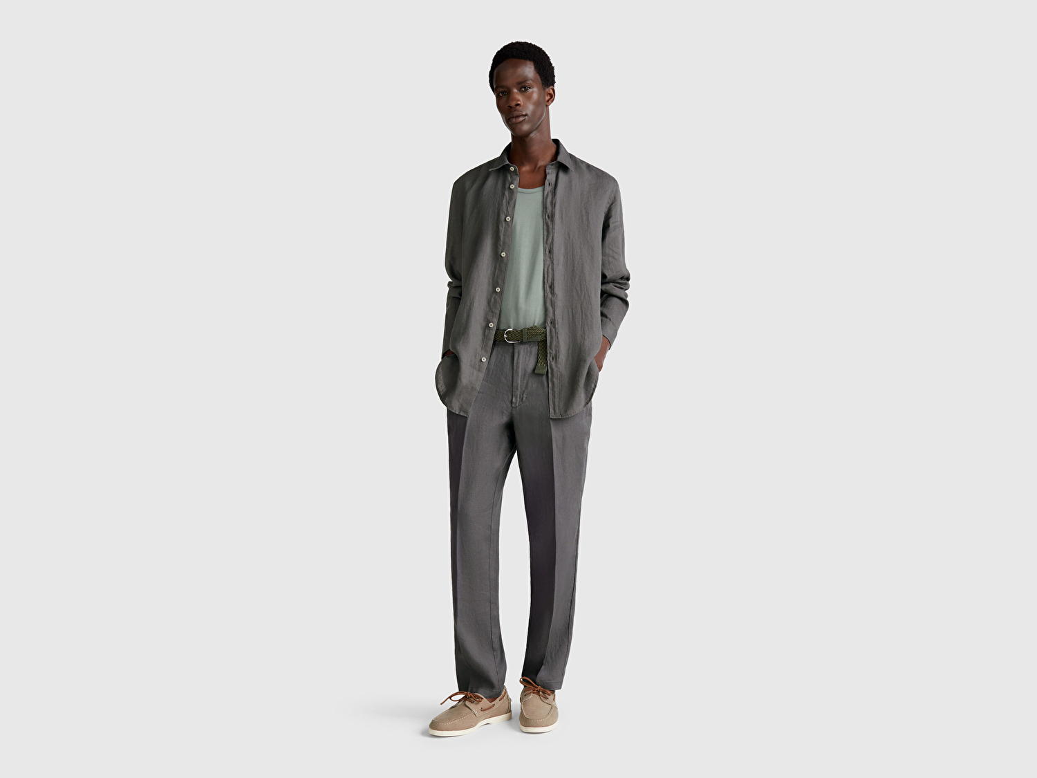 Benetton Erkek Gri %100 Keten Pantolon