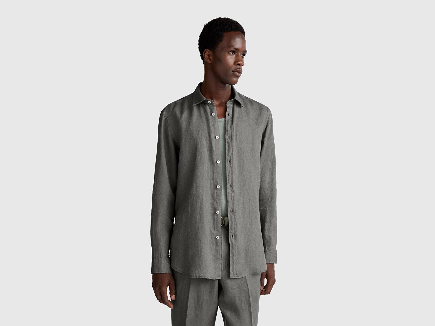 Benetton Erkek Gri %100 Keten Gömlek