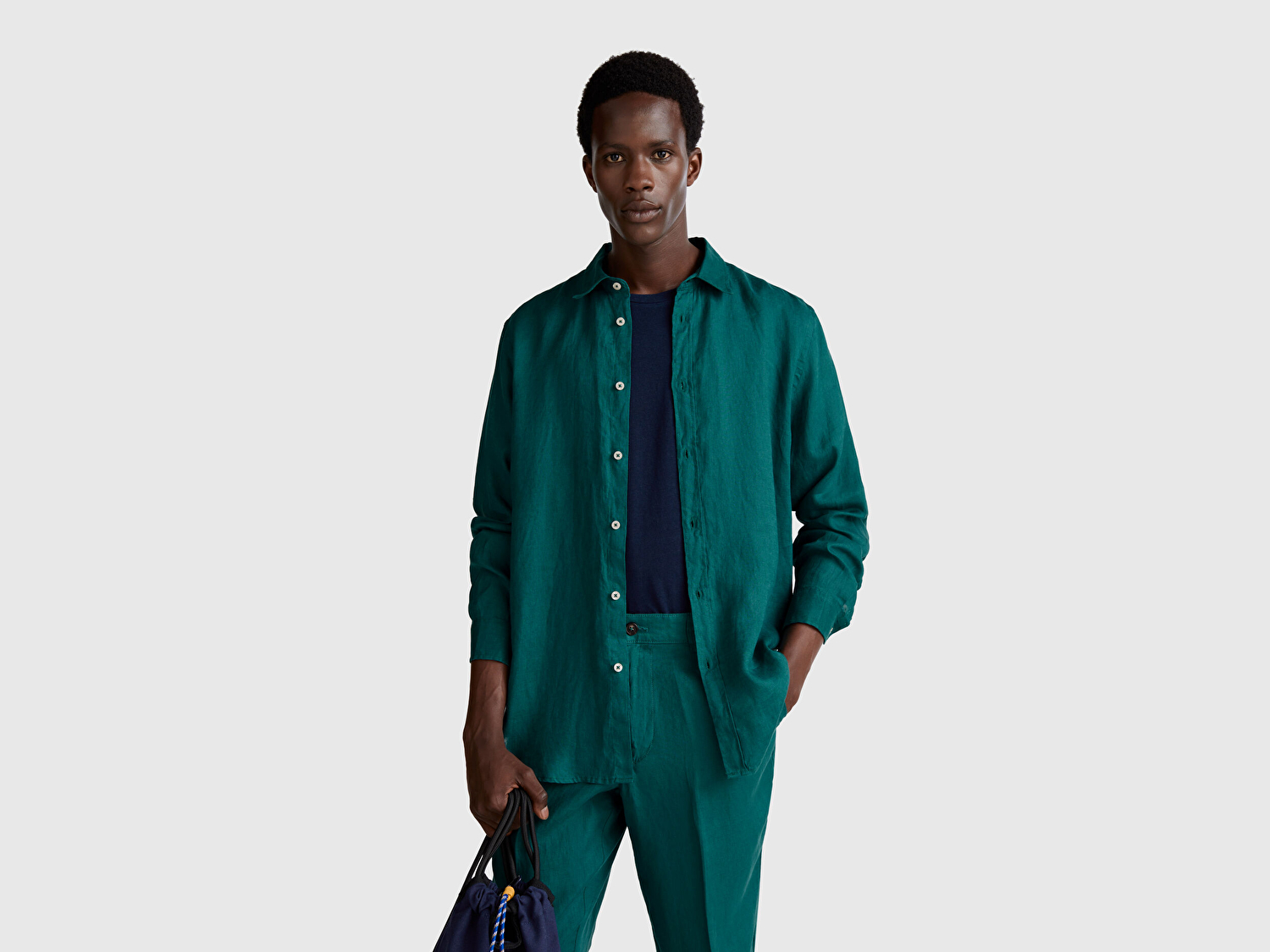 Benetton Erkek Yeşil %100 Keten Gömlek