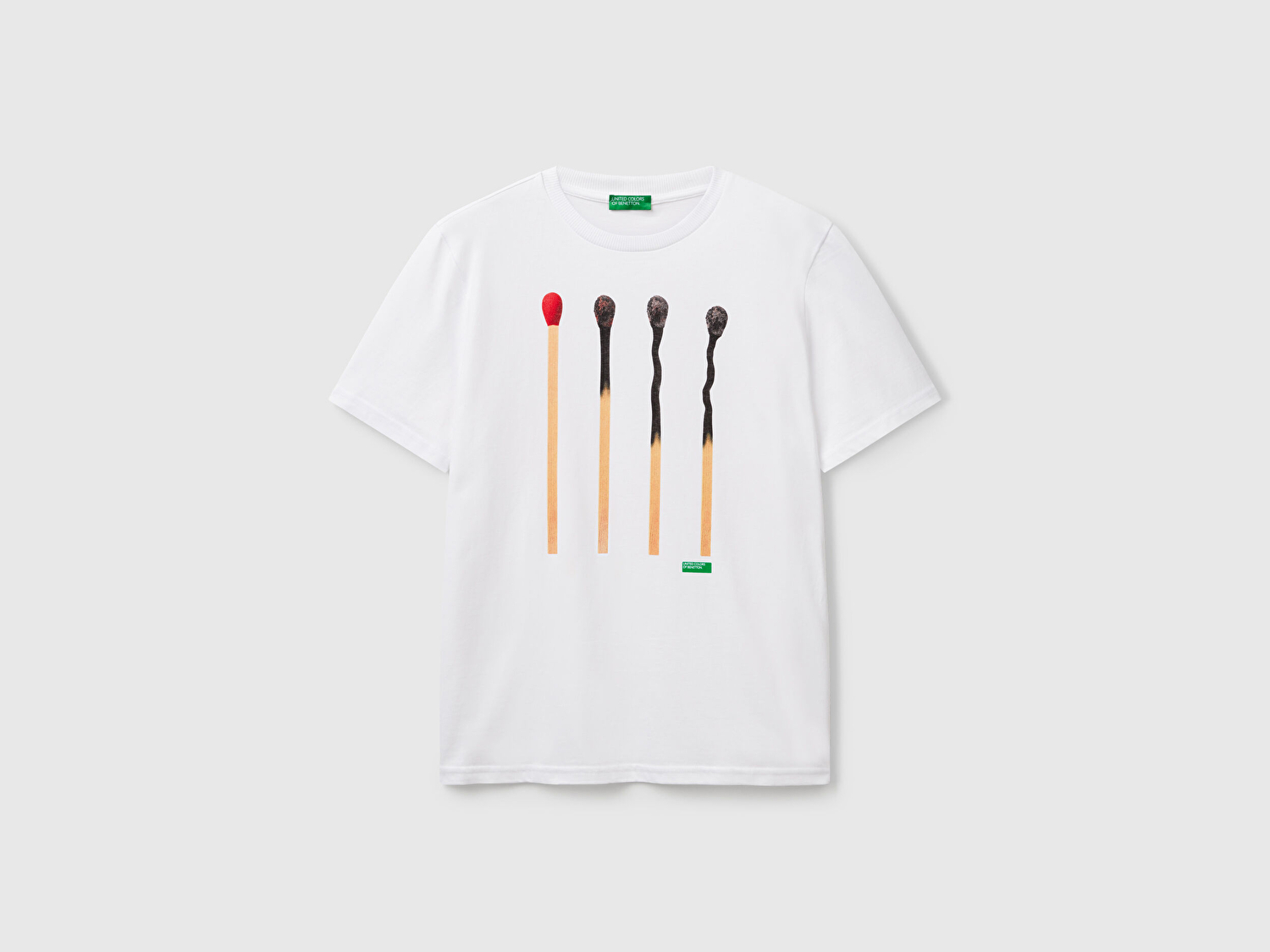 Benetton Erkek Beyaz-Kibrit %100 Koton Baskılı Regular Fit T-Shirt