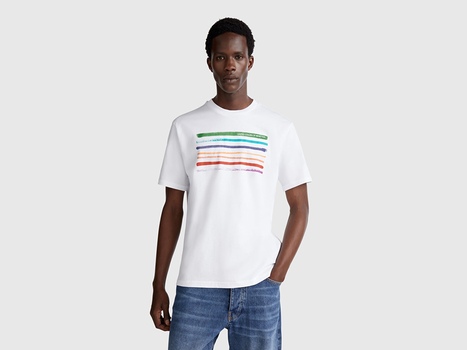 Benetton Erkek Beyaz-Bayrak %100 Koton Baskılı Regular Fit T-Shirt