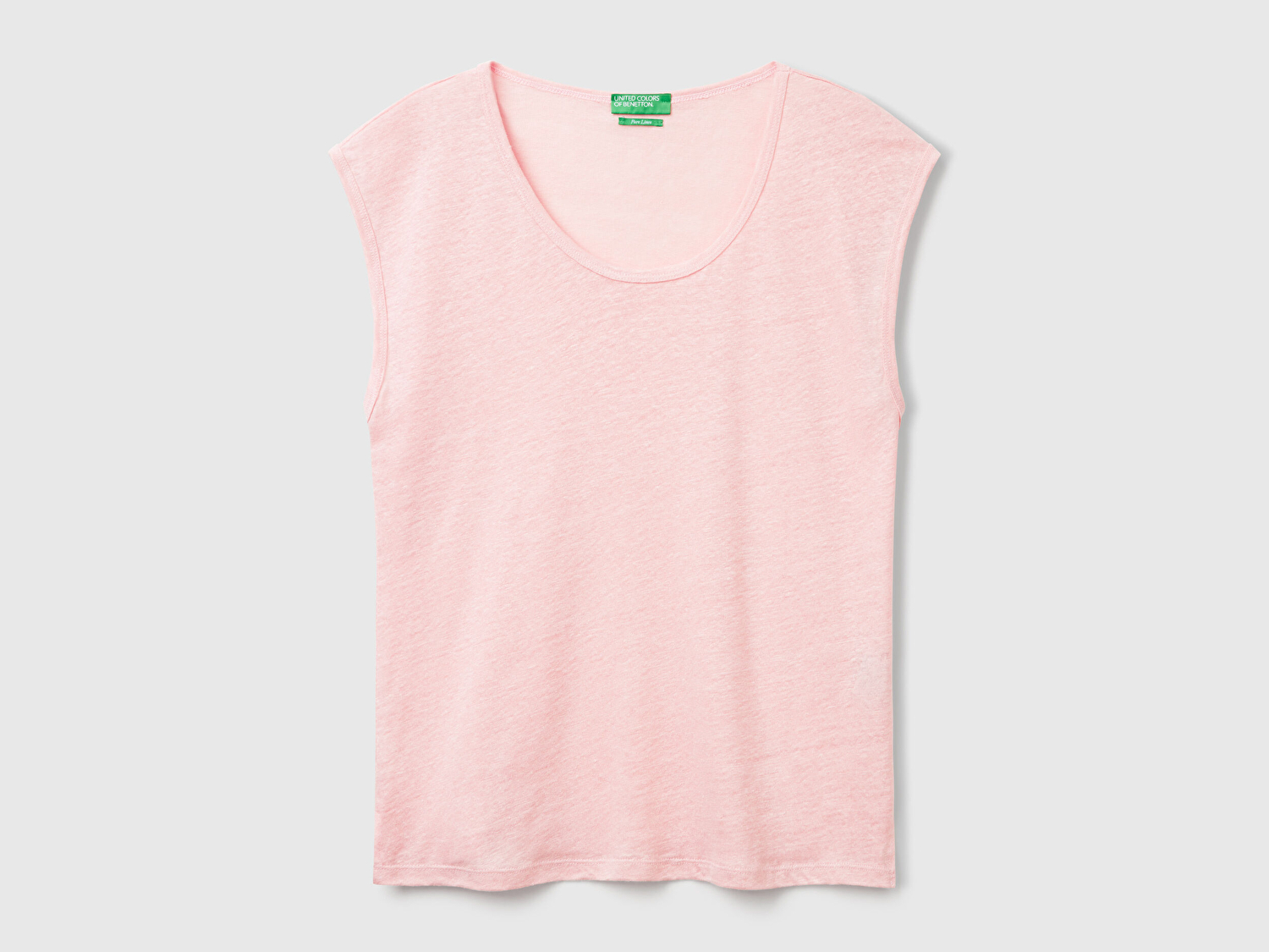 Benetton Kadın Pembe %100 Keten Yanları Yırtmaçlı Relax Fit Yuvarlak Yaka T-Shirt