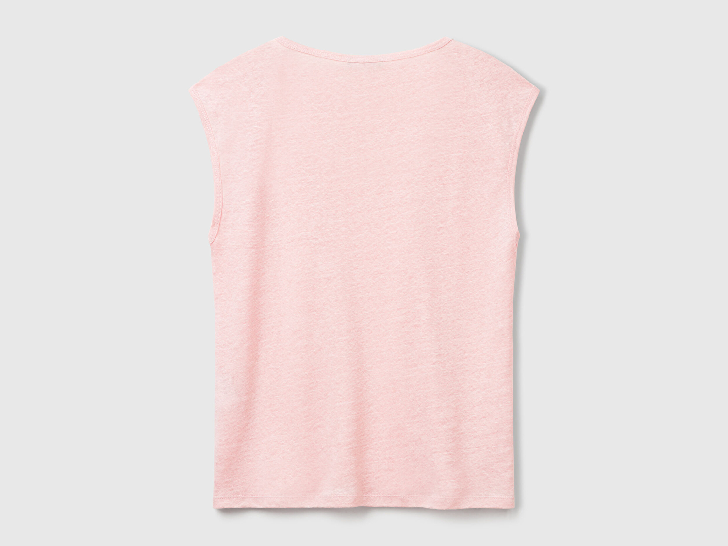 Benetton Kadın Pembe %100 Keten Yanları Yırtmaçlı Relax Fit Yuvarlak Yaka T-Shirt