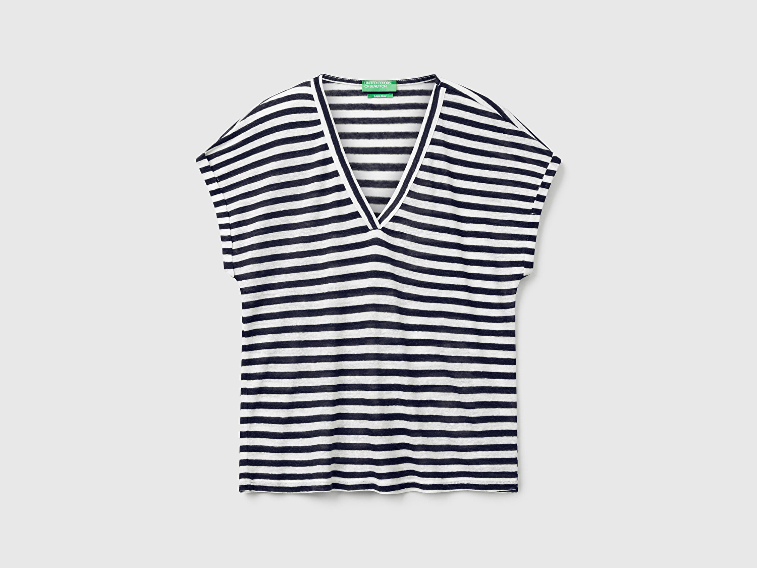 Benetton Kadın Lacivert Mix Keten Karışımlı Rahat Kalıp Çizgili V Yaka T-Shirt