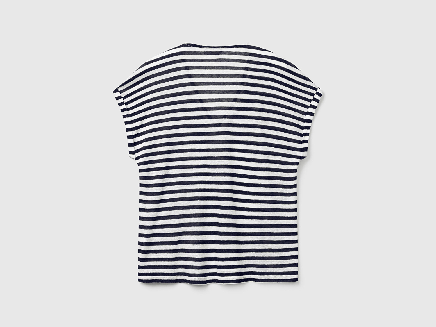 Benetton Kadın Lacivert Mix Keten Karışımlı Rahat Kalıp Çizgili V Yaka T-Shirt