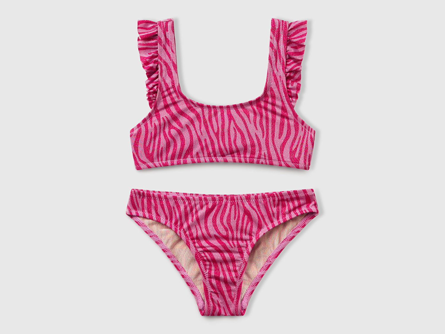 Benetton Kız Çocuk Fuşya Simli Desenli Fırfır Detaylı Askılı Bikini Takımı