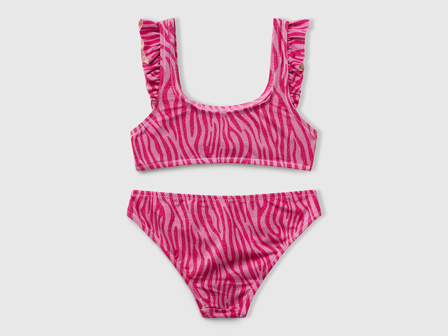 Benetton Kız Çocuk Fuşya Simli Desenli Fırfır Detaylı Askılı Bikini Takımı