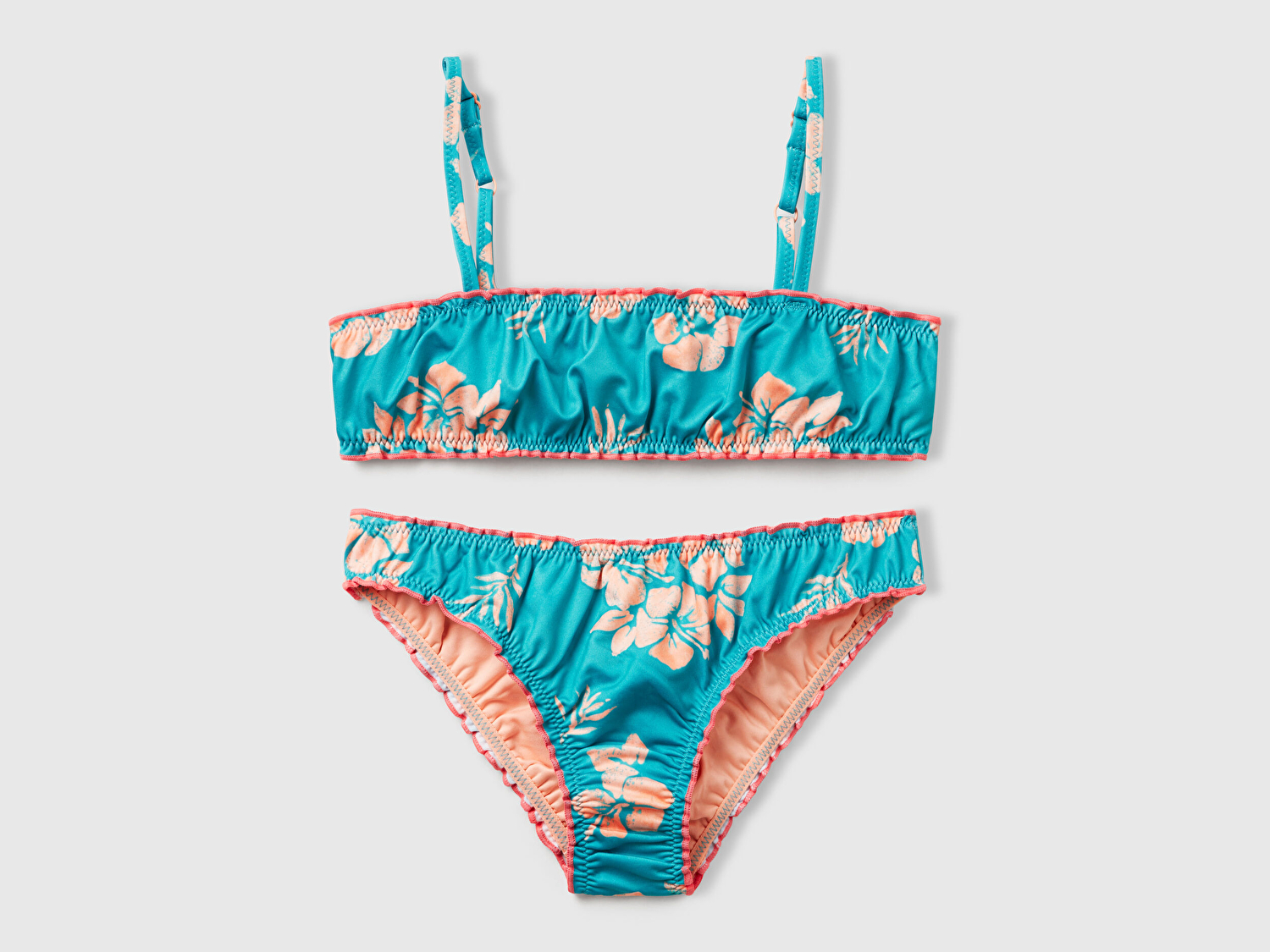 Benetton Kız Çocuk Turkuaz Desenli Fırfır Detaylı Ayarlanabilir Askılı Bikini Takımı