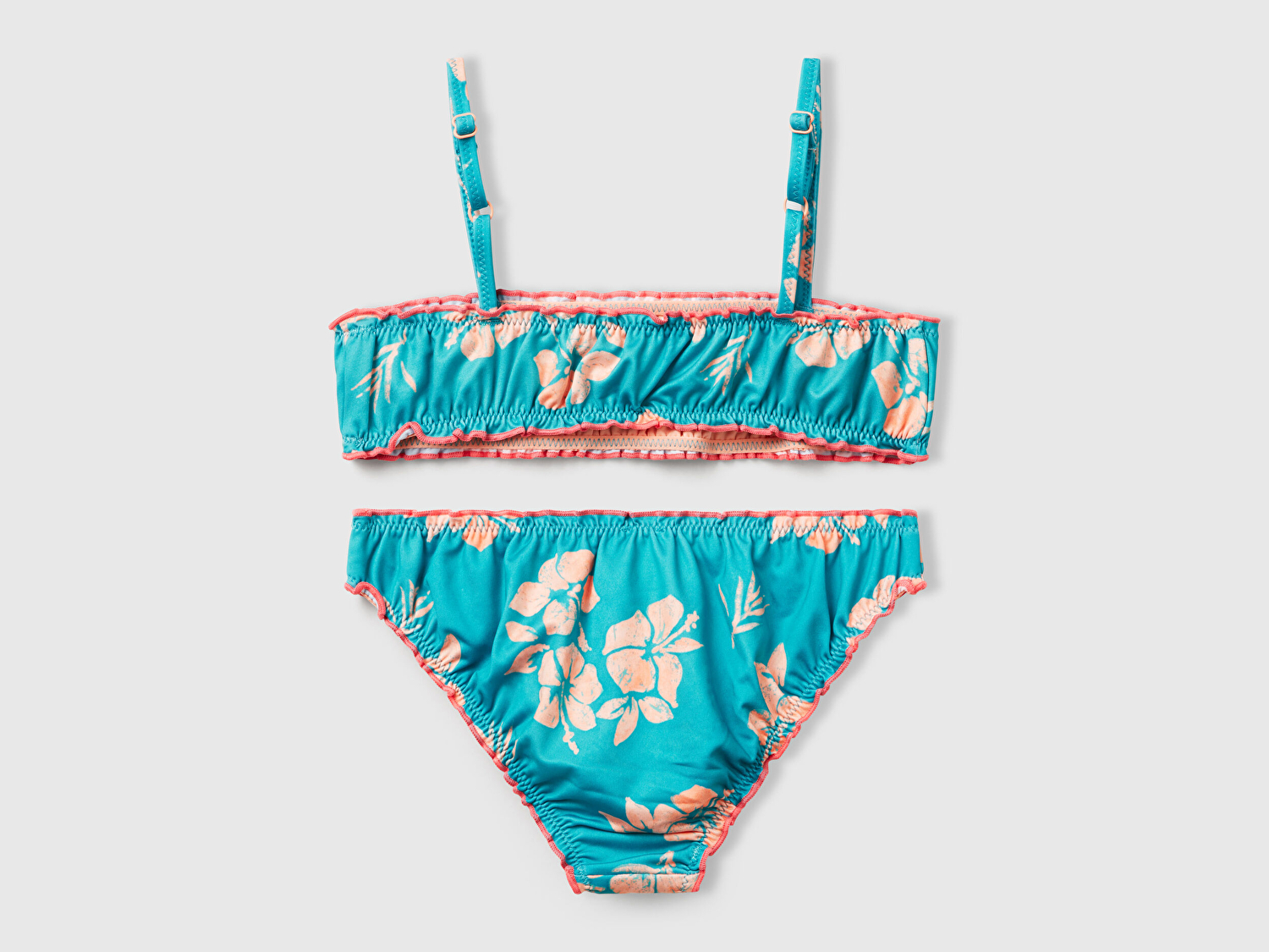 Benetton Kız Çocuk Turkuaz Desenli Fırfır Detaylı Ayarlanabilir Askılı Bikini Takımı