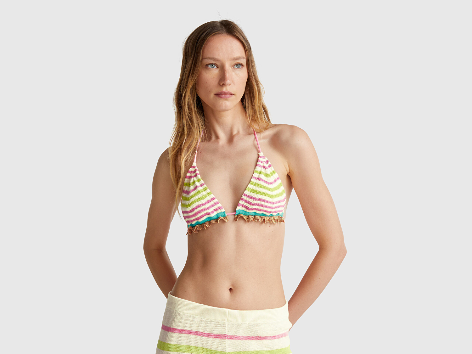 Benetton Kadın Pembe Mix Çizgili Çok Renkli Triko Üçgen Bikini Üstü