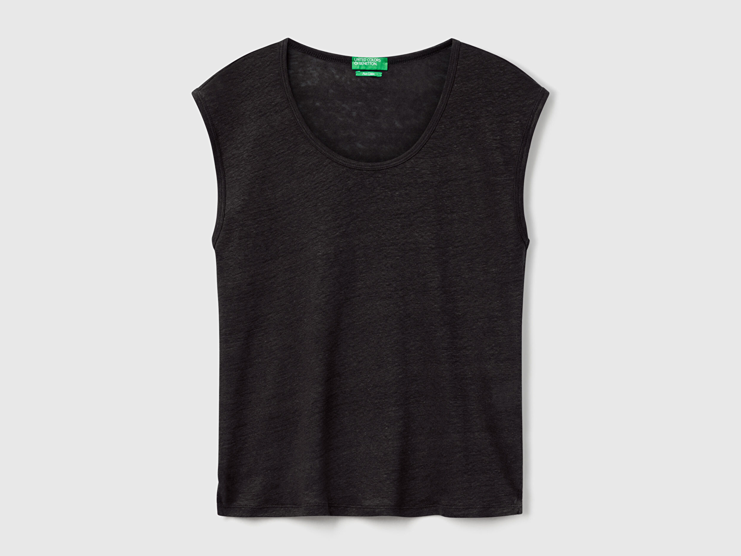 Benetton Kadın Siyah %100 Keten Yanları Yırtmaçlı Relax Fit Yuvarlak Yaka T-Shirt