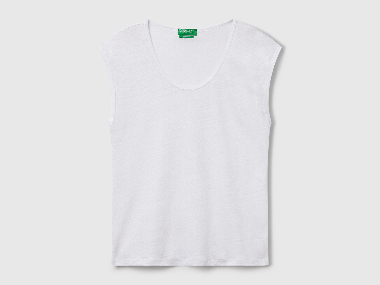 Benetton Kadın Beyaz %100 Keten Yanları Yırtmaçlı Relax Fit Yuvarlak Yaka T-Shirt