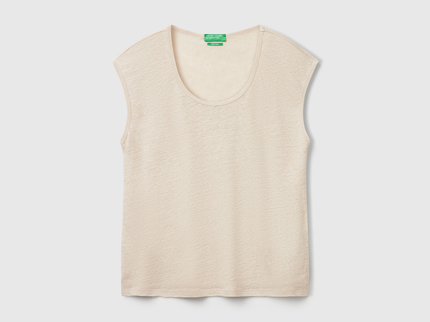 Benetton Kadın Taş Rengi %100 Keten Yanları Yırtmaçlı Relax Fit Yuvarlak Yaka T-Shirt