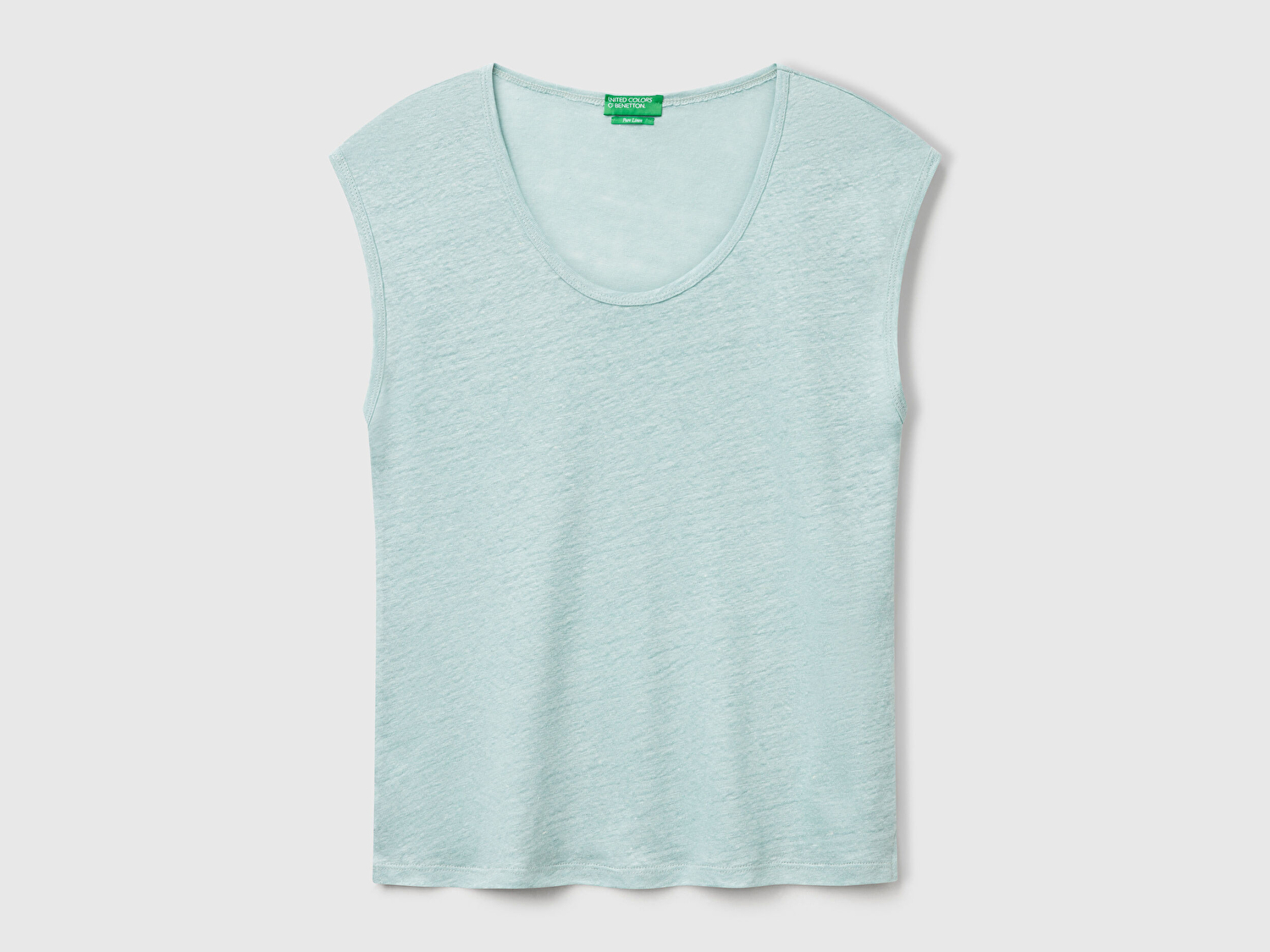 Benetton Kadın Su Yeşili %100 Keten Yanları Yırtmaçlı Relax Fit Yuvarlak Yaka T-Shirt