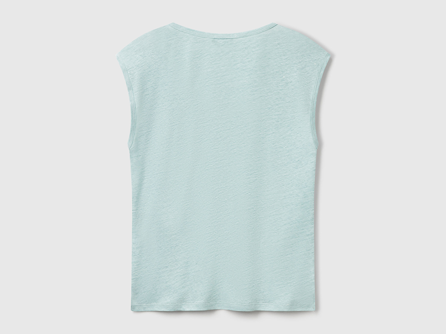 Benetton Kadın Su Yeşili %100 Keten Yanları Yırtmaçlı Relax Fit Yuvarlak Yaka T-Shirt