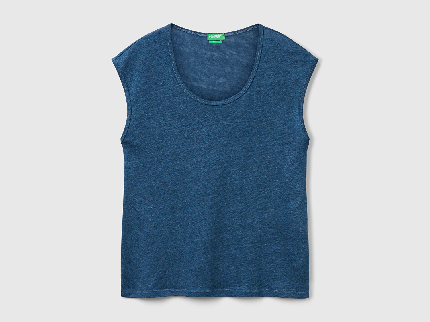 Benetton Kadın Denim %100 Keten Yanları Yırtmaçlı Relax Fit Yuvarlak Yaka T-Shirt
