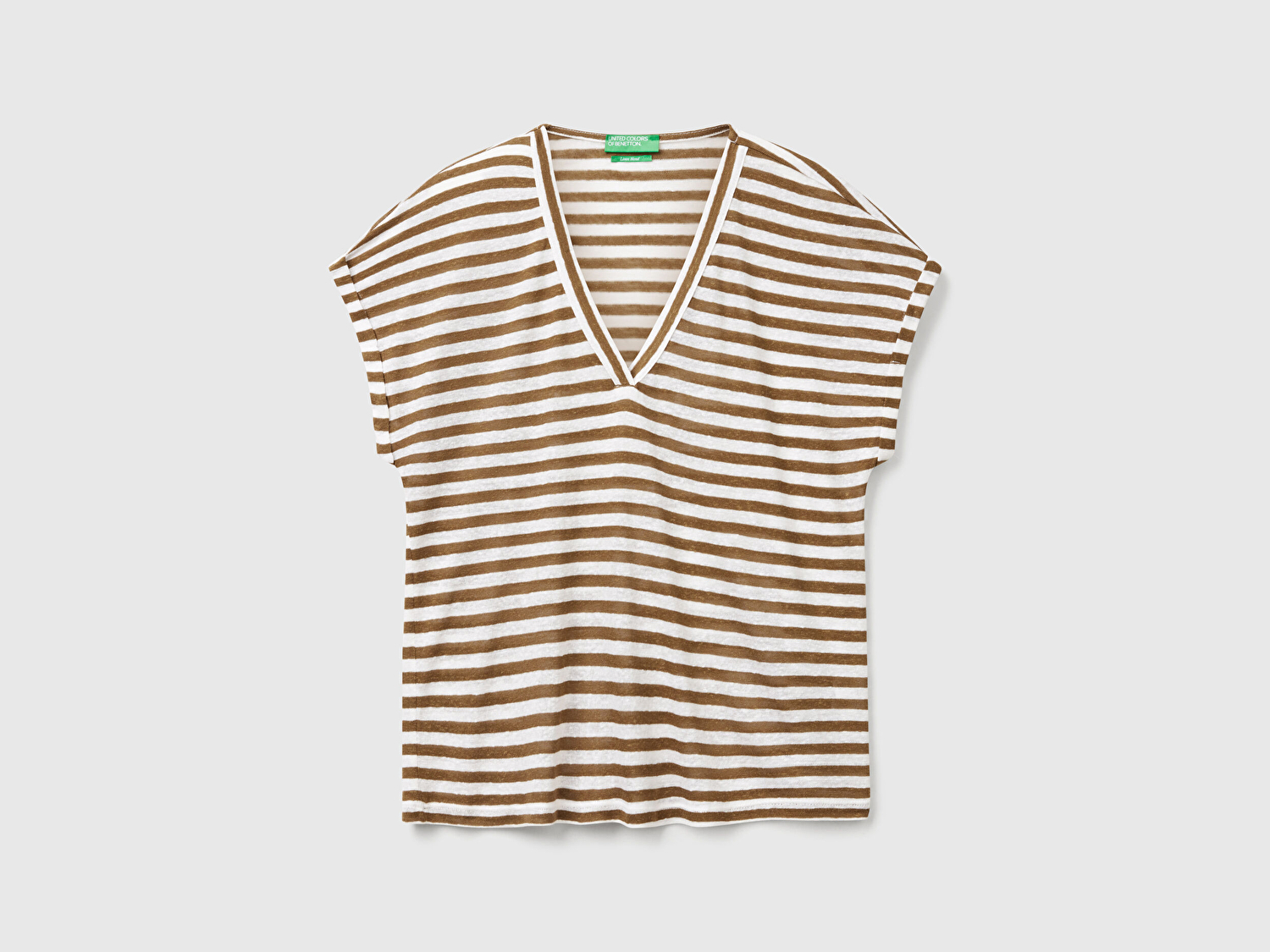 Benetton Kadın Kahverengi Mix Keten Karışımlı Rahat Kalıp Çizgili V Yaka T-Shirt