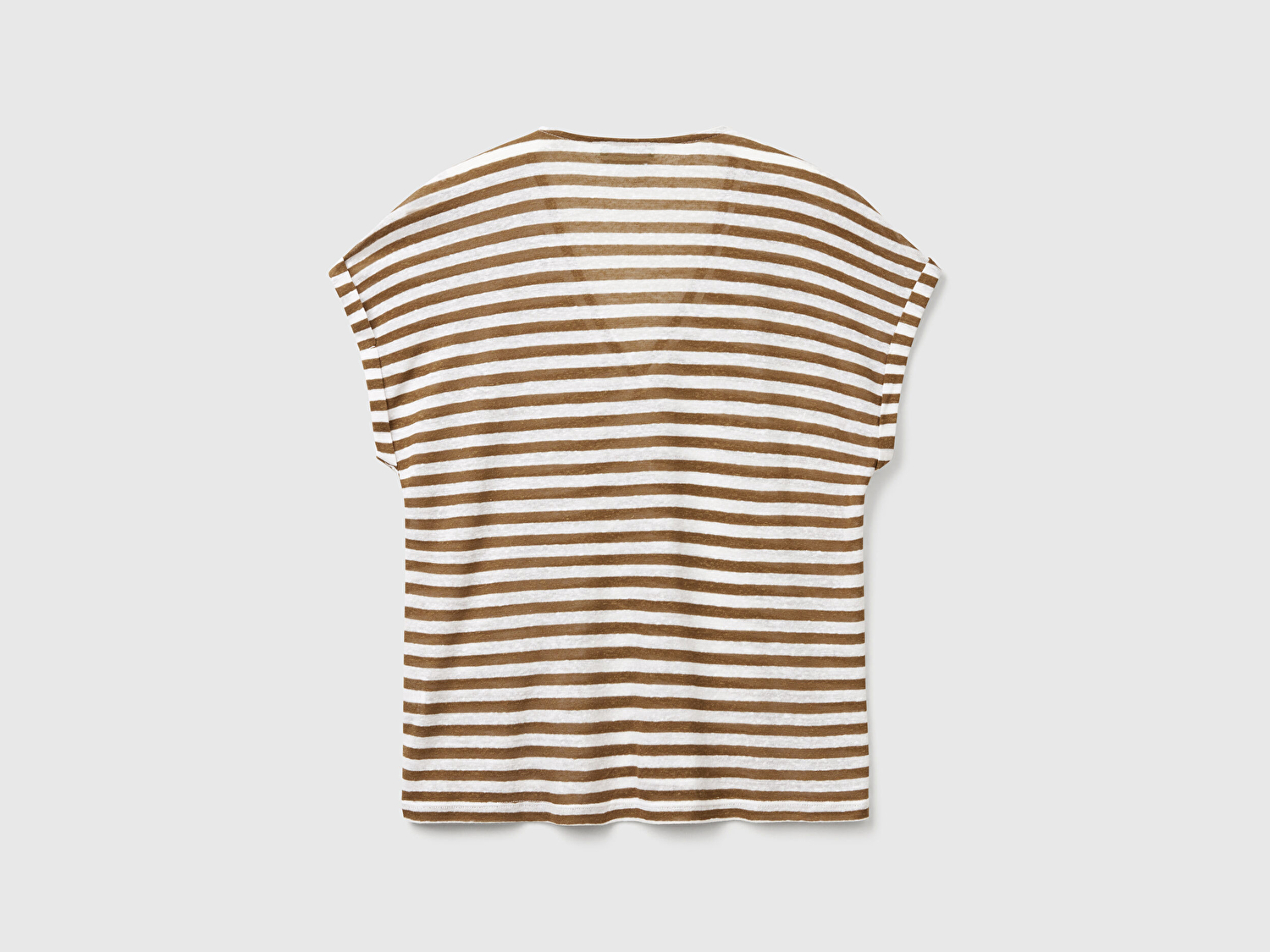 Benetton Kadın Kahverengi Mix Keten Karışımlı Rahat Kalıp Çizgili V Yaka T-Shirt