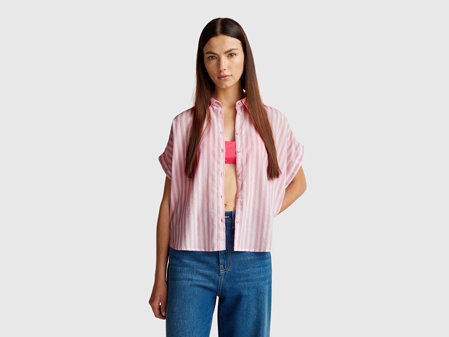 Benetton Kadın Pembe Keten Karışımlı Çizgili Kimono Kol Gömlek