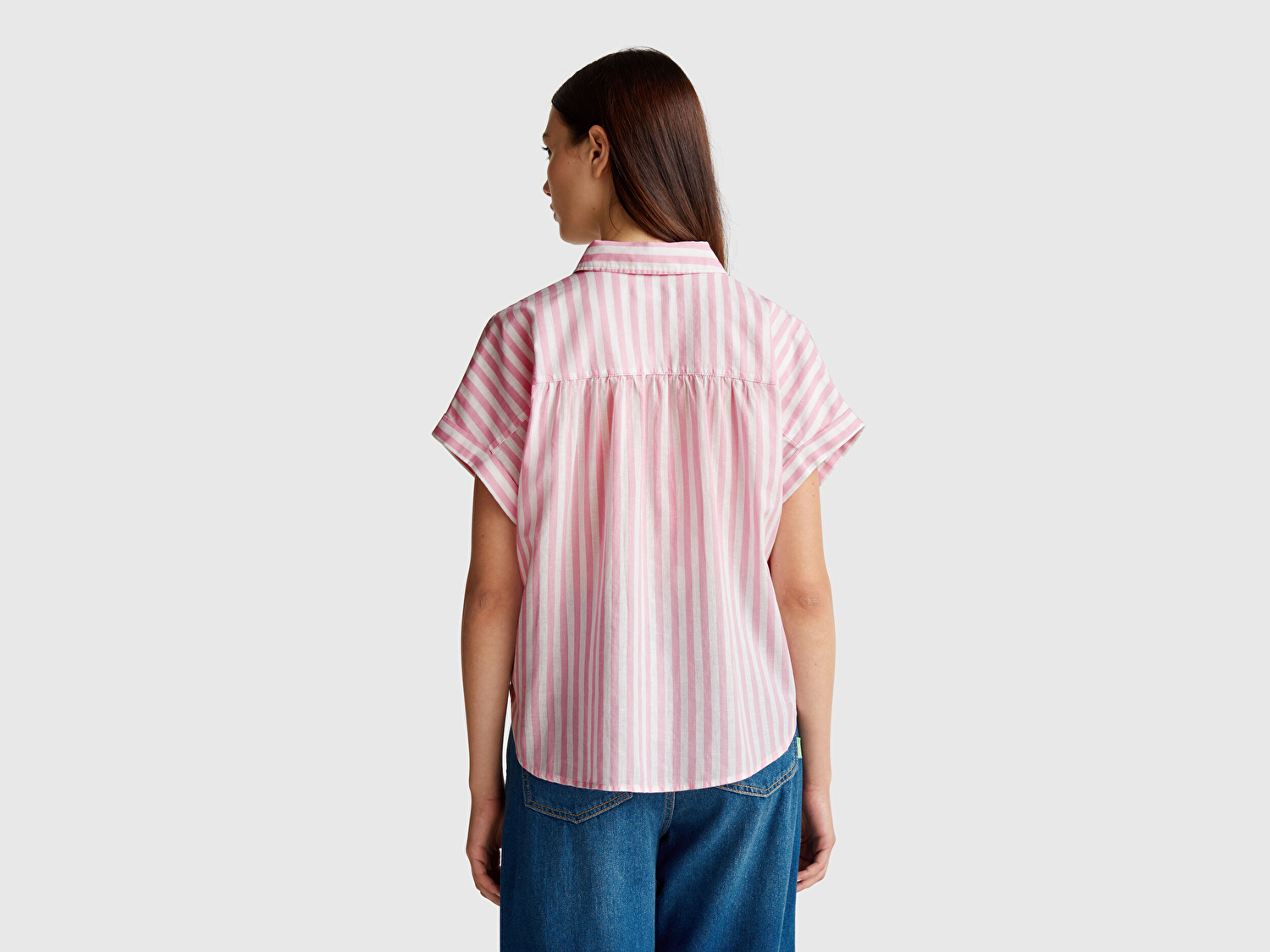 Benetton Kadın Pembe Keten Karışımlı Çizgili Kimono Kol Gömlek