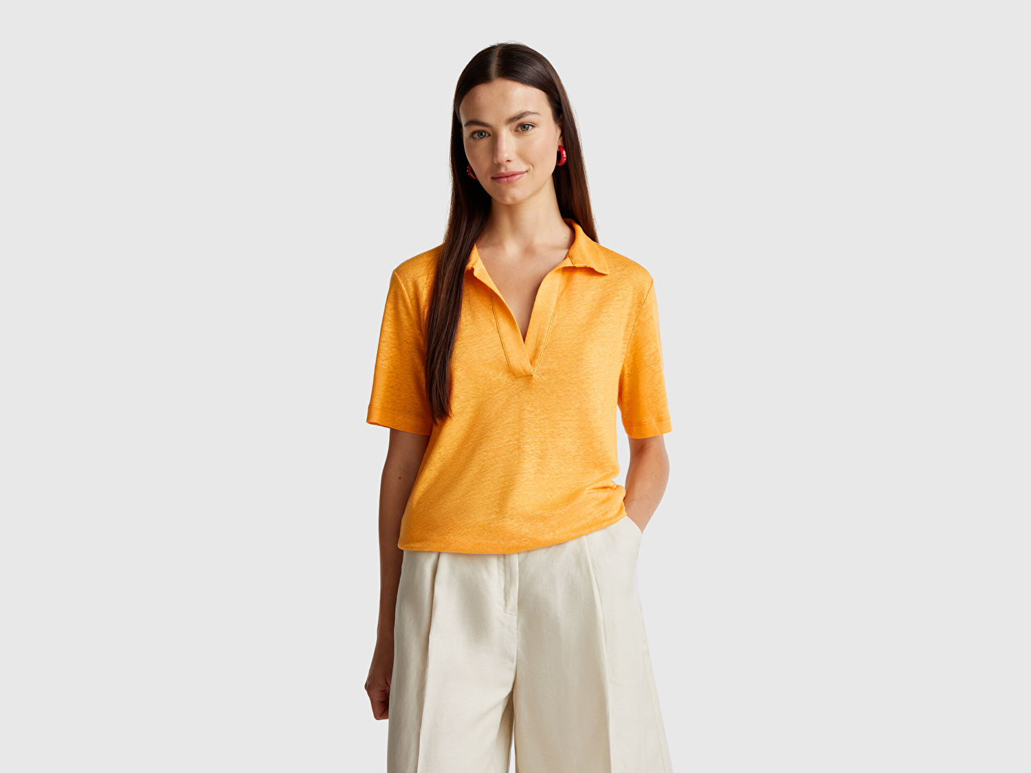 Benetton Kadın Sarı %100 Keten Polo Yaka T-Shirt