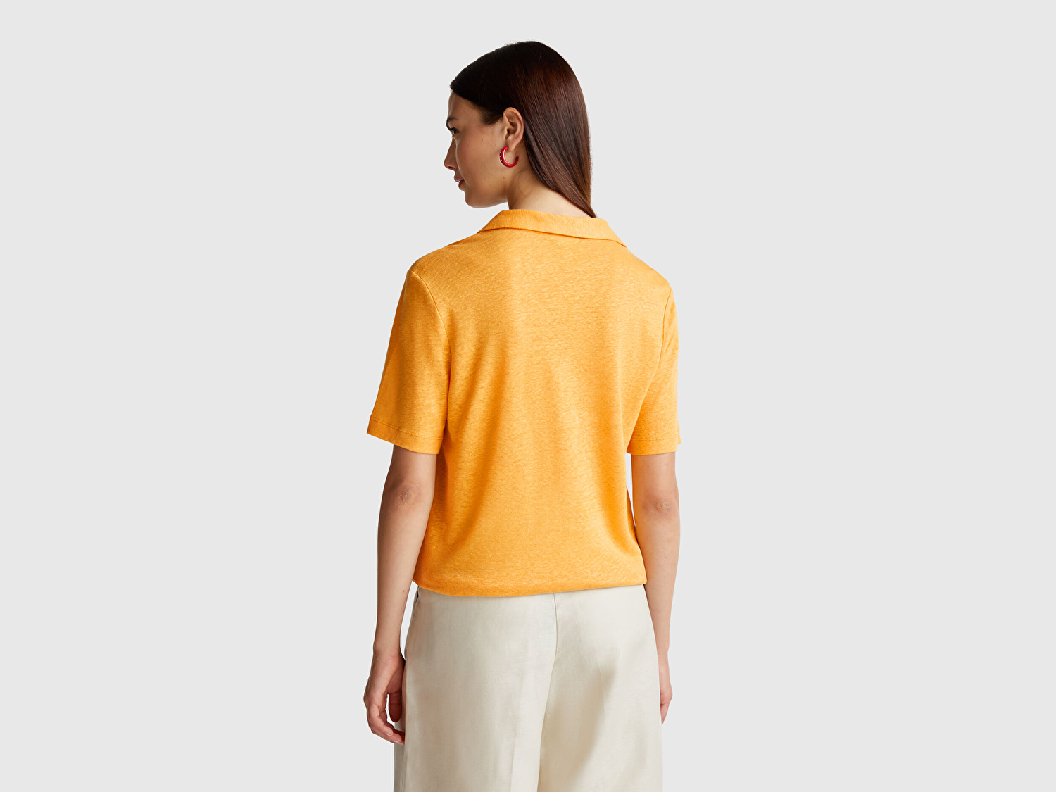 Benetton Kadın Sarı %100 Keten Polo Yaka T-Shirt