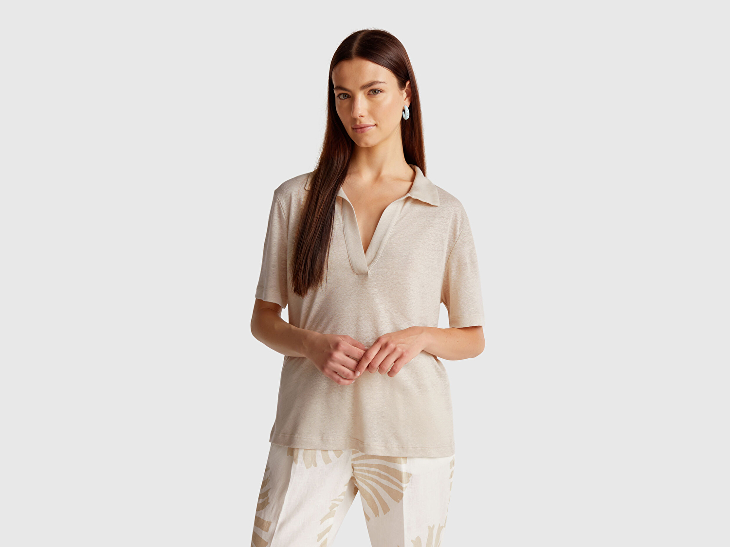 Benetton Kadın Taş Rengi %100 Keten Polo Yaka T-Shirt