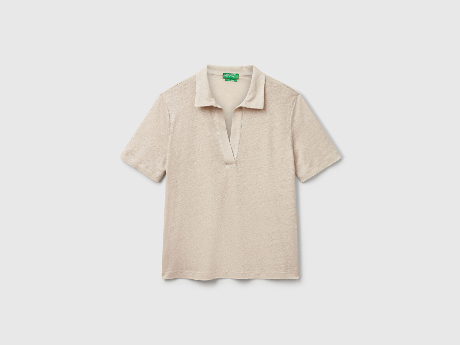 Benetton Kadın Taş Rengi %100 Keten Polo Yaka T-Shirt