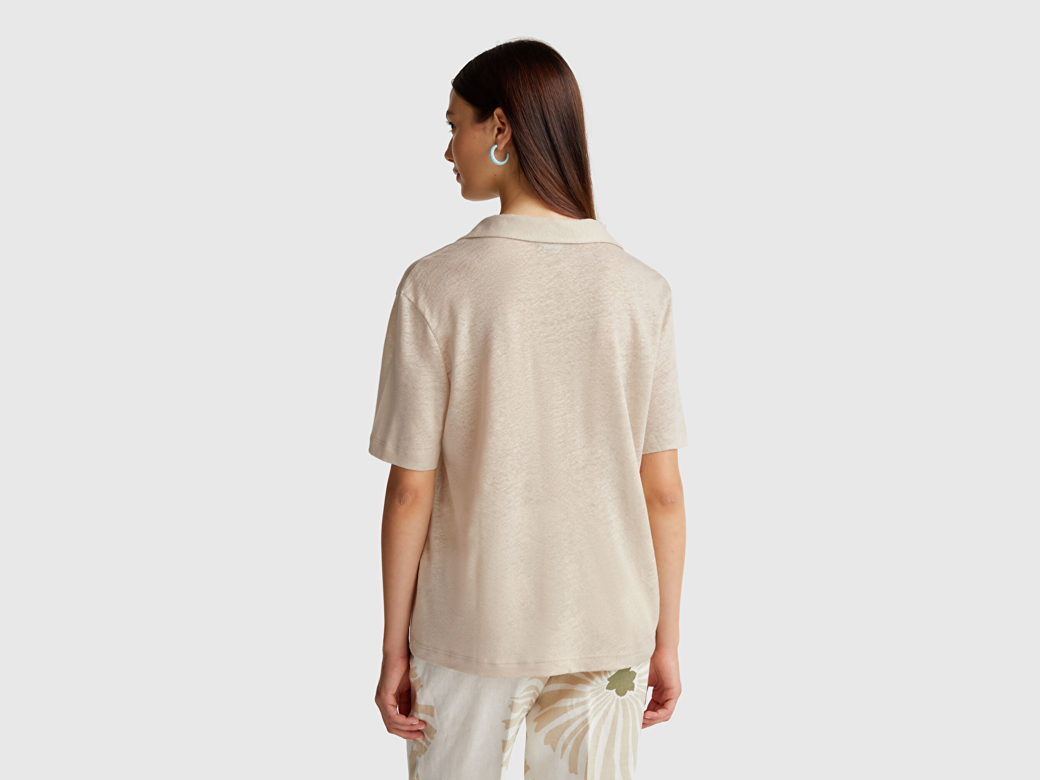 Benetton Kadın Taş Rengi %100 Keten Polo Yaka T-Shirt