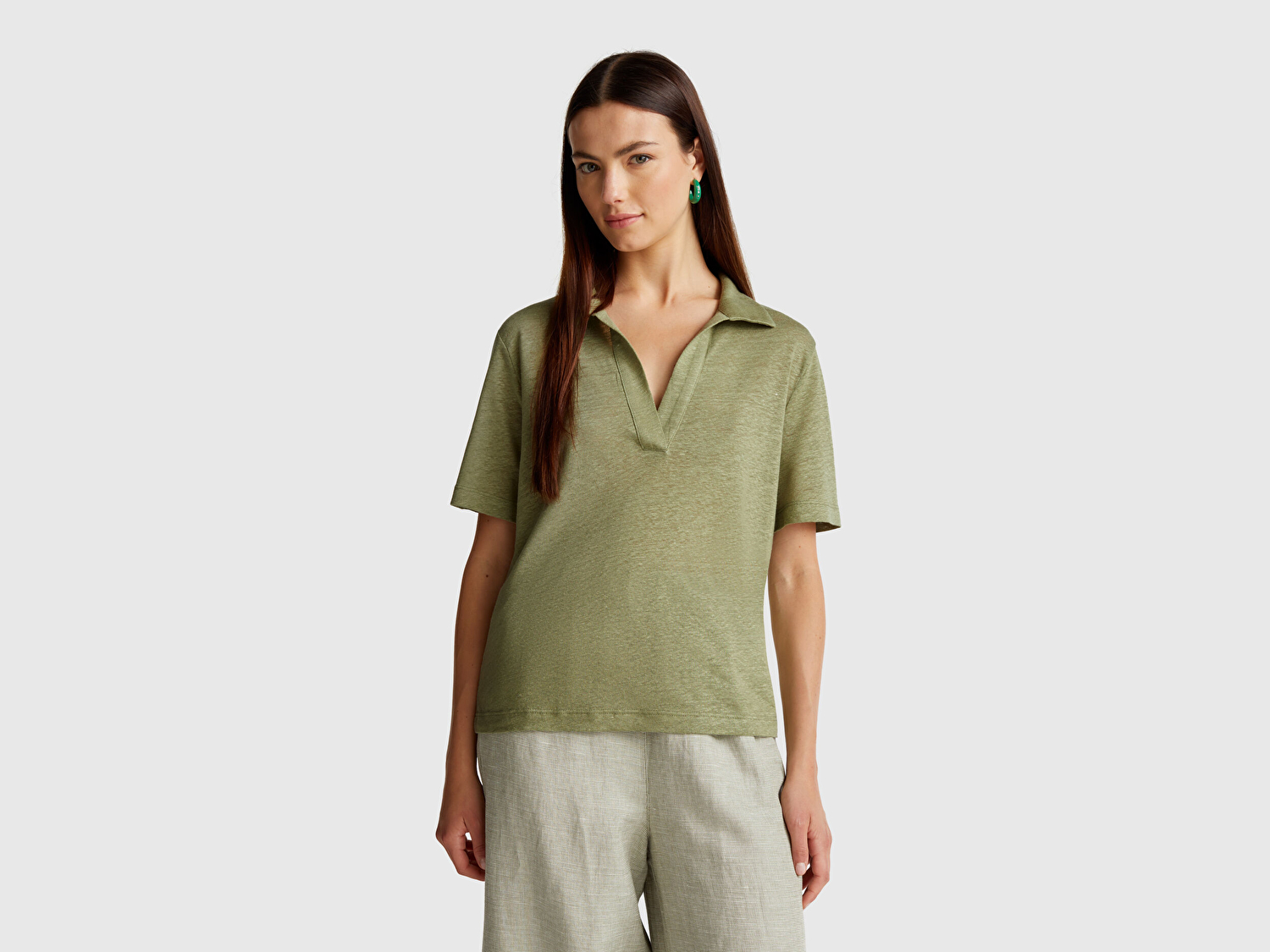 Benetton Kadın Adaçayı yeşili %100 Keten Polo Yaka T-Shirt