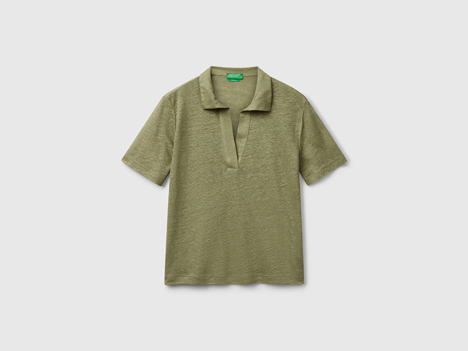 Benetton Kadın Adaçayı yeşili %100 Keten Polo Yaka T-Shirt
