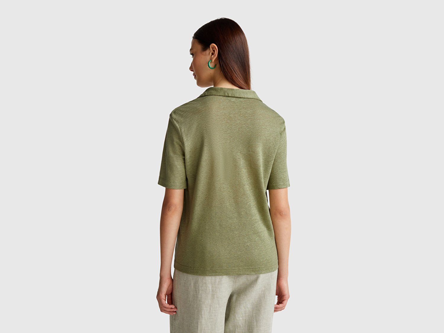 Benetton Kadın Adaçayı yeşili %100 Keten Polo Yaka T-Shirt