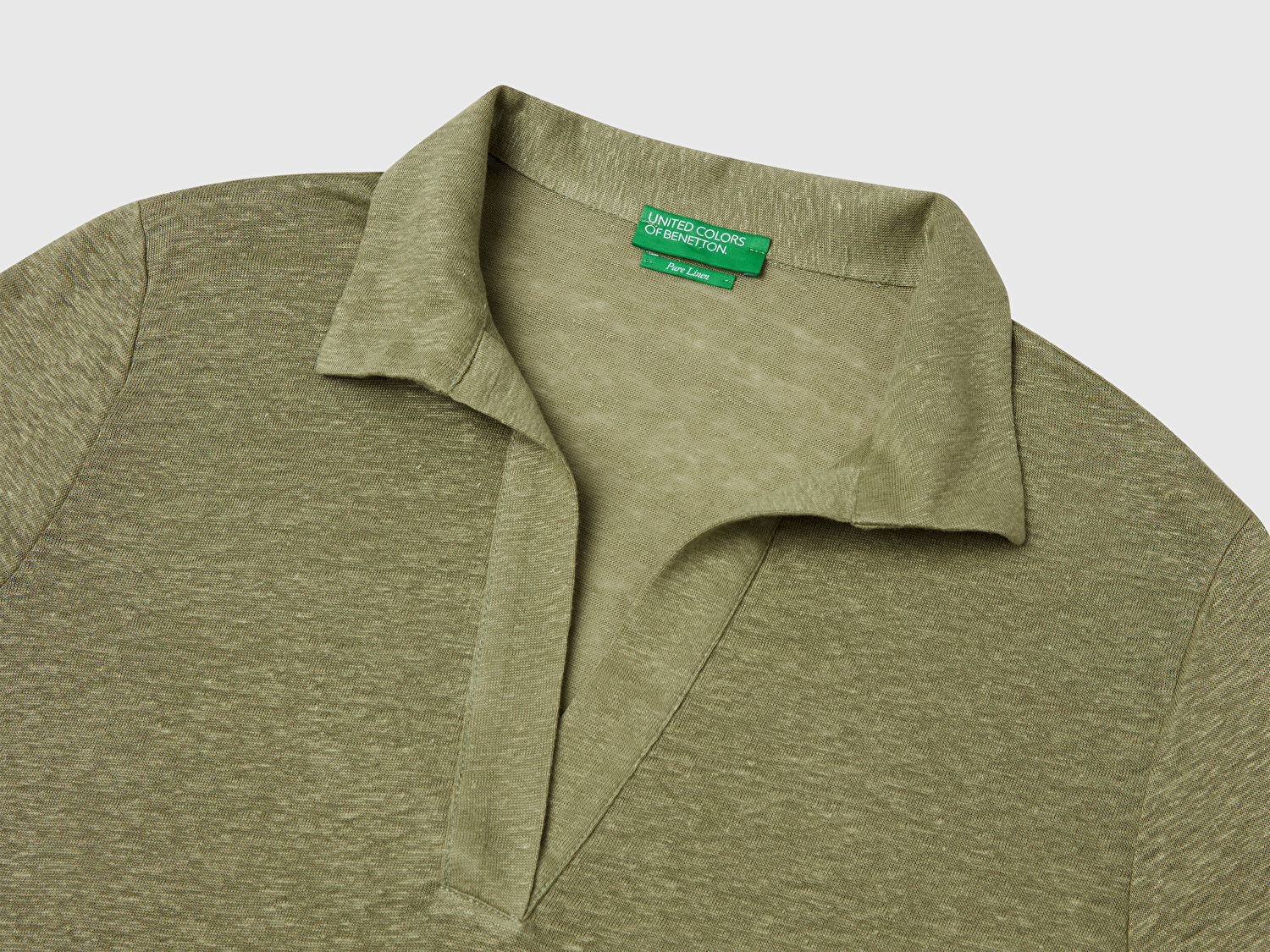 Benetton Kadın Adaçayı yeşili %100 Keten Polo Yaka T-Shirt